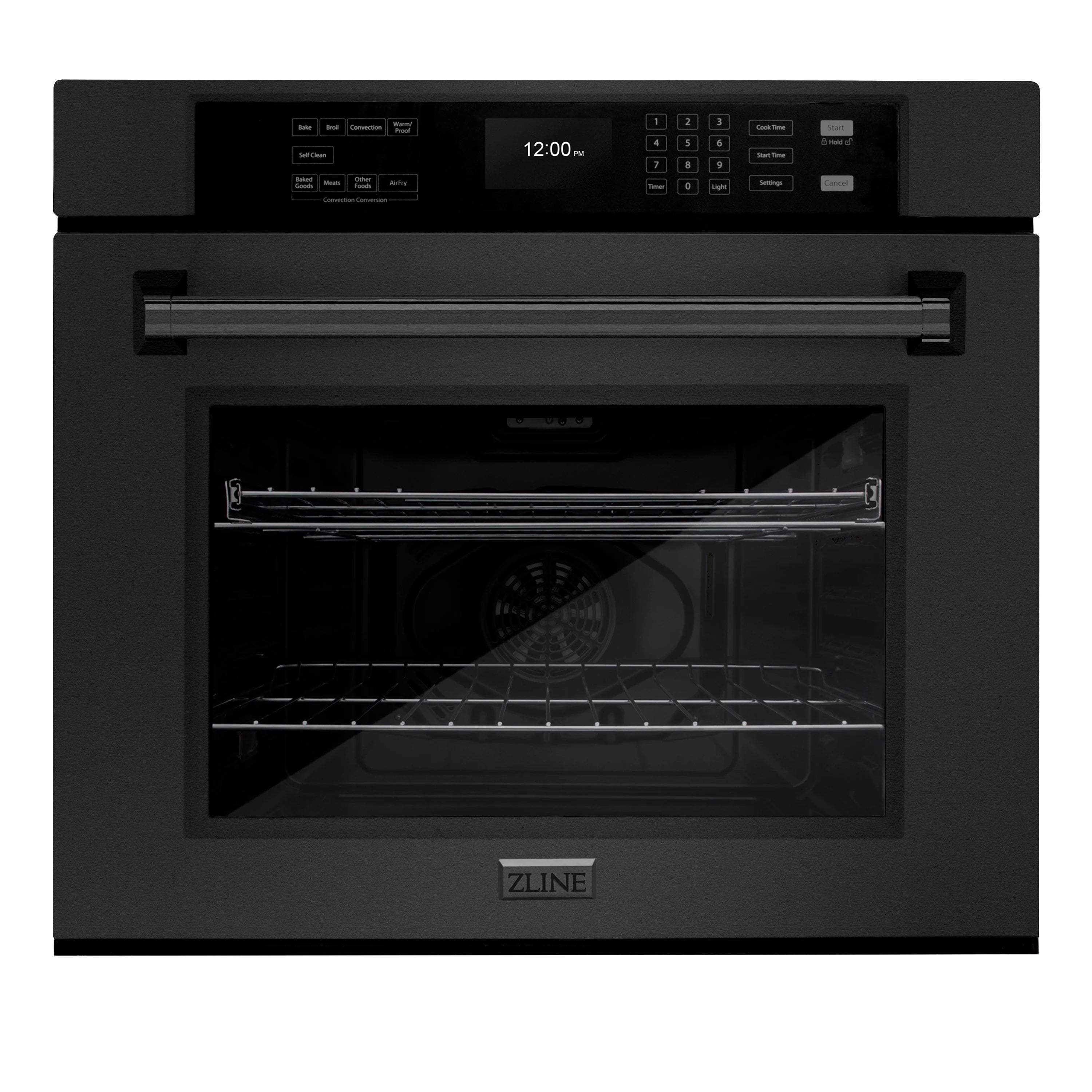 Black electric wall oven front with control panel and dark glass door window