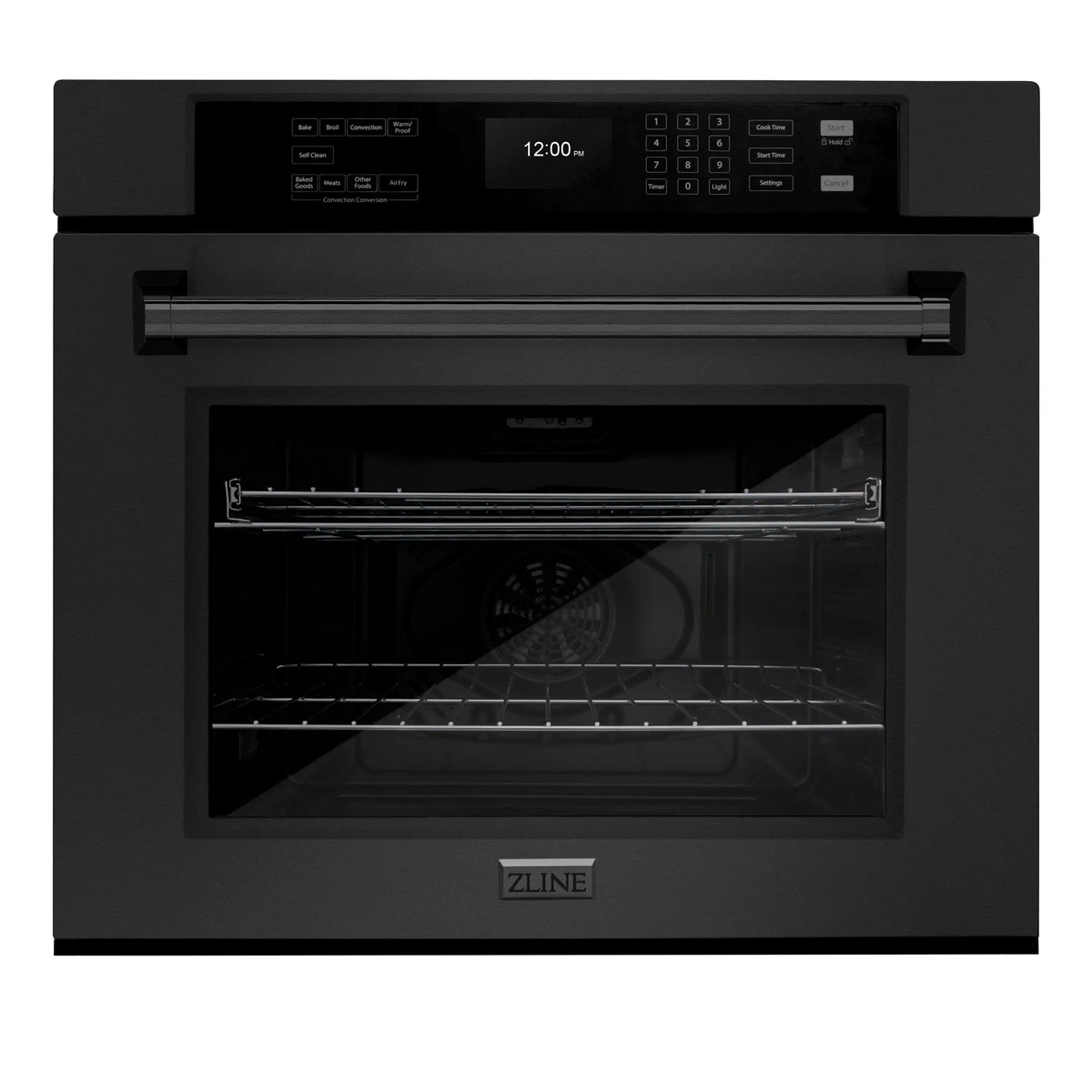 Black wall oven with dark glass door and front control panel
