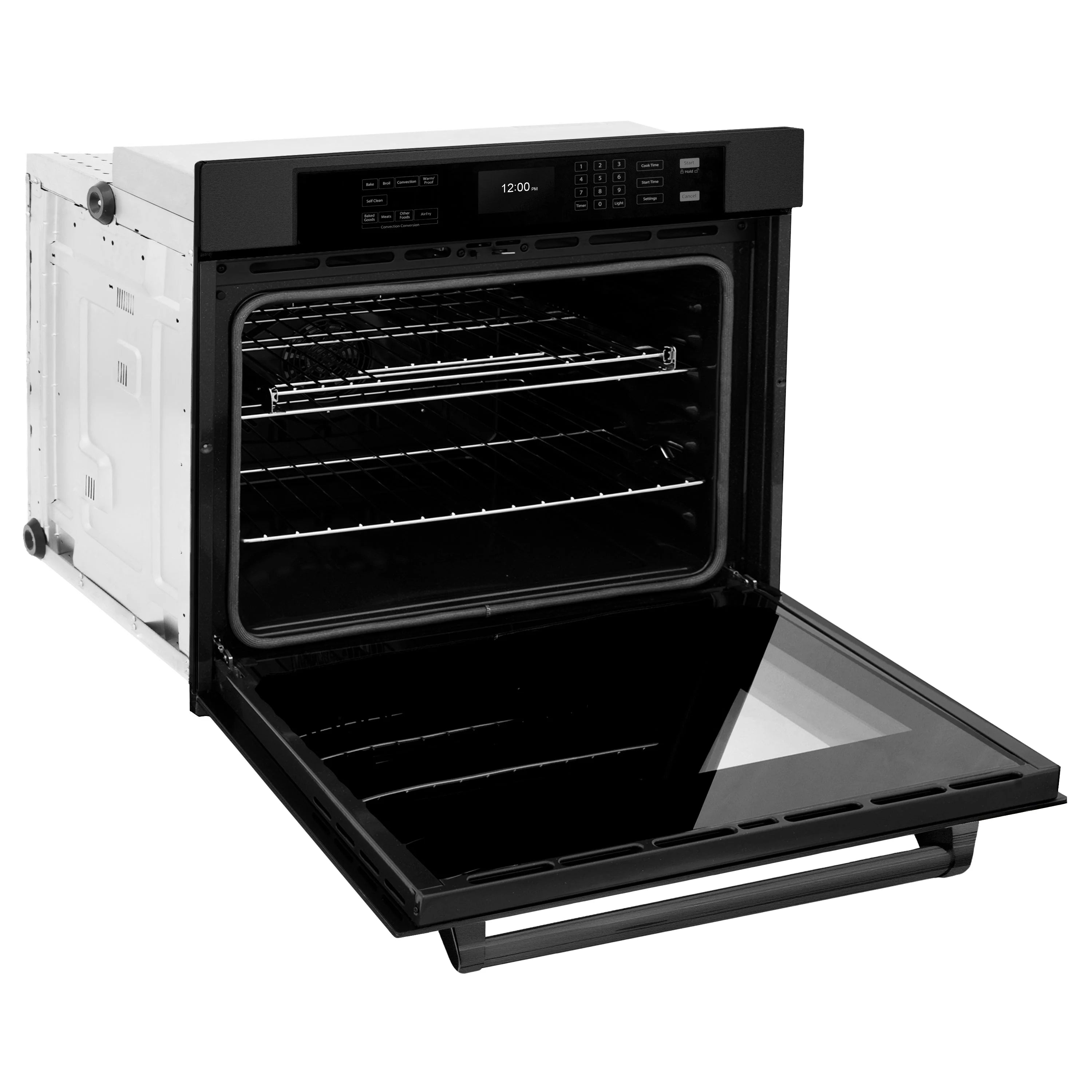 Black electric wall oven with open door, empty racks, and baking tray