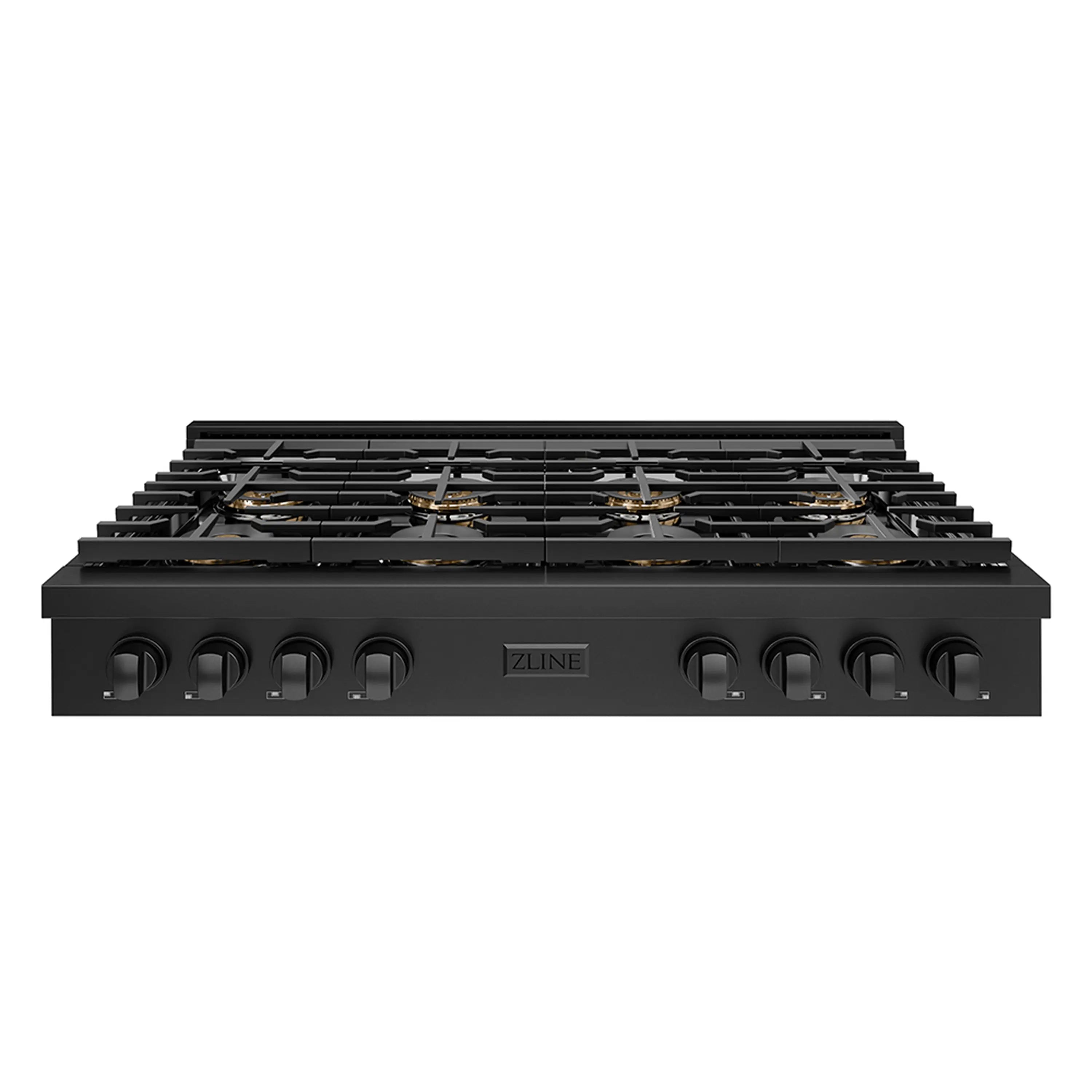 Black 8-burner gas rangetop with control knobs and cast-iron grates