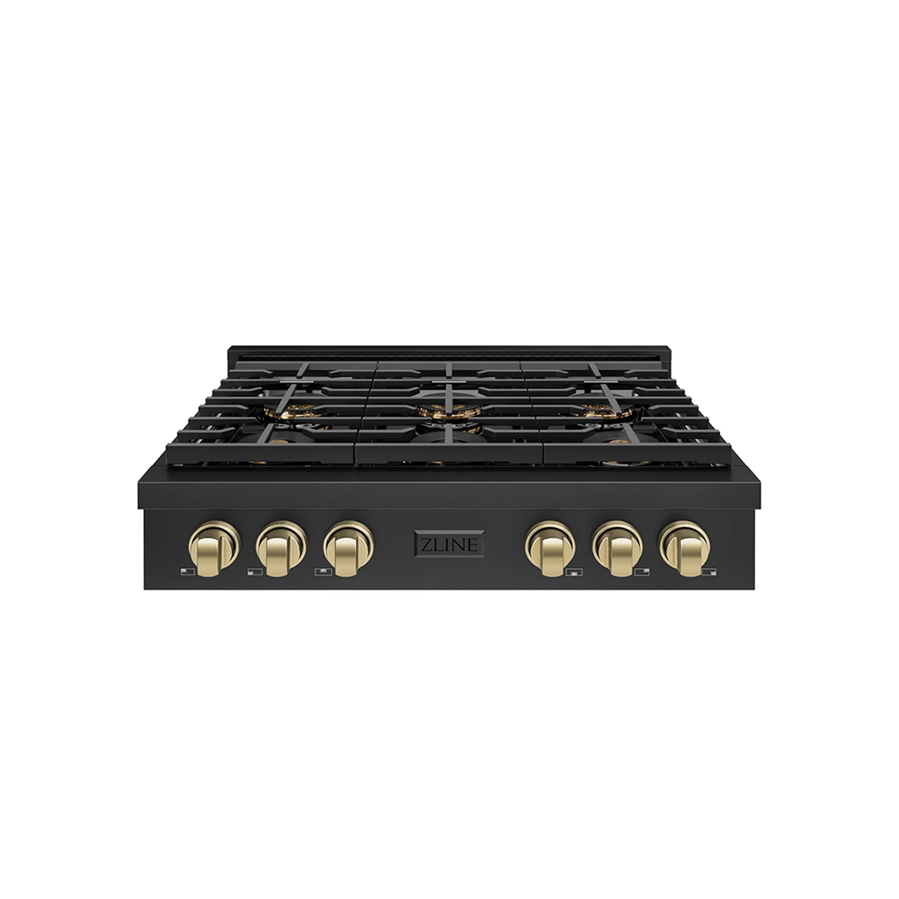 Front view of black gas rangetop with six control knobs and champagne bronze accents