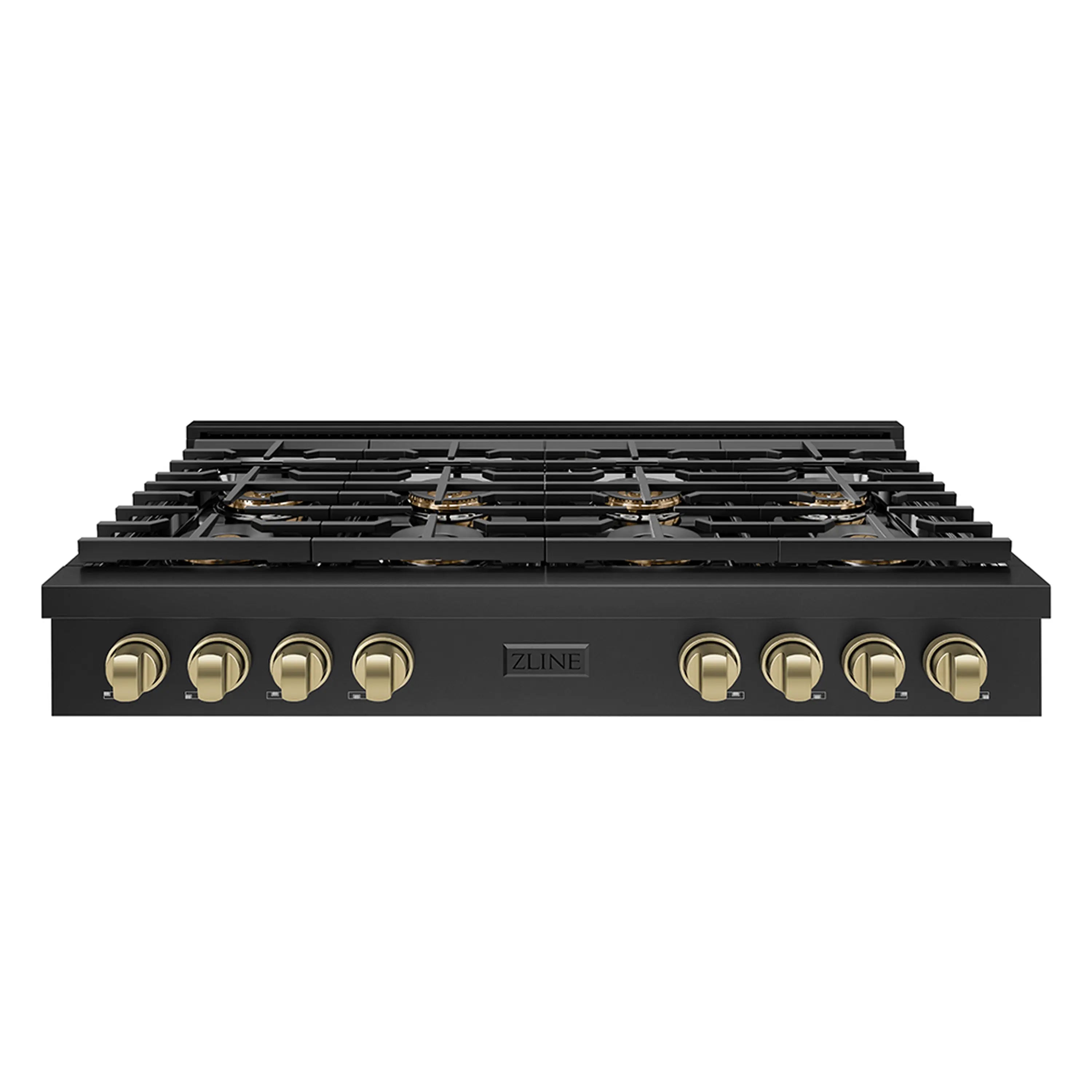 8-burner gas rangetop with black body and champagne bronze control knobs