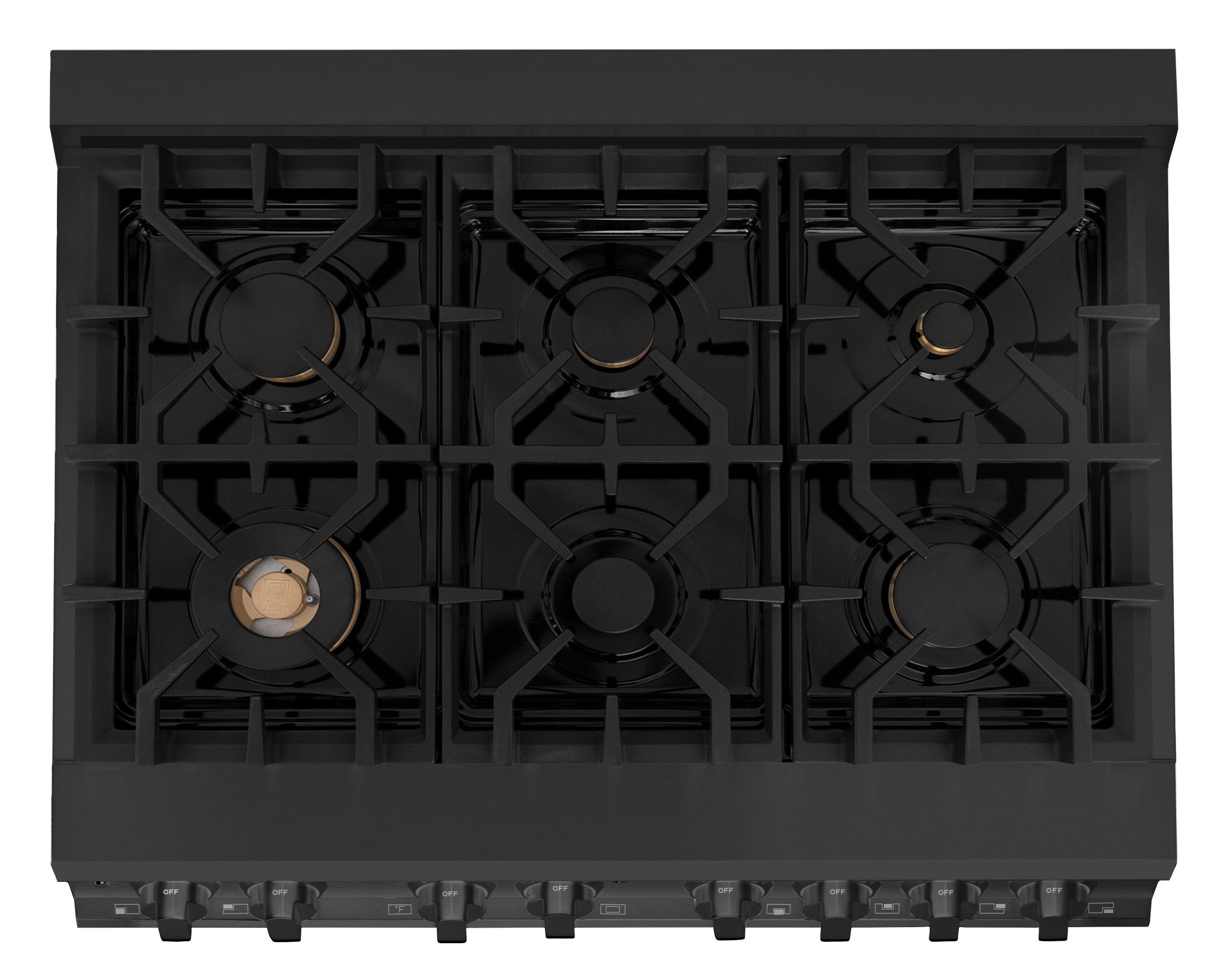 Top view of black dual-fuel range burner grates with brass-accented burner caps