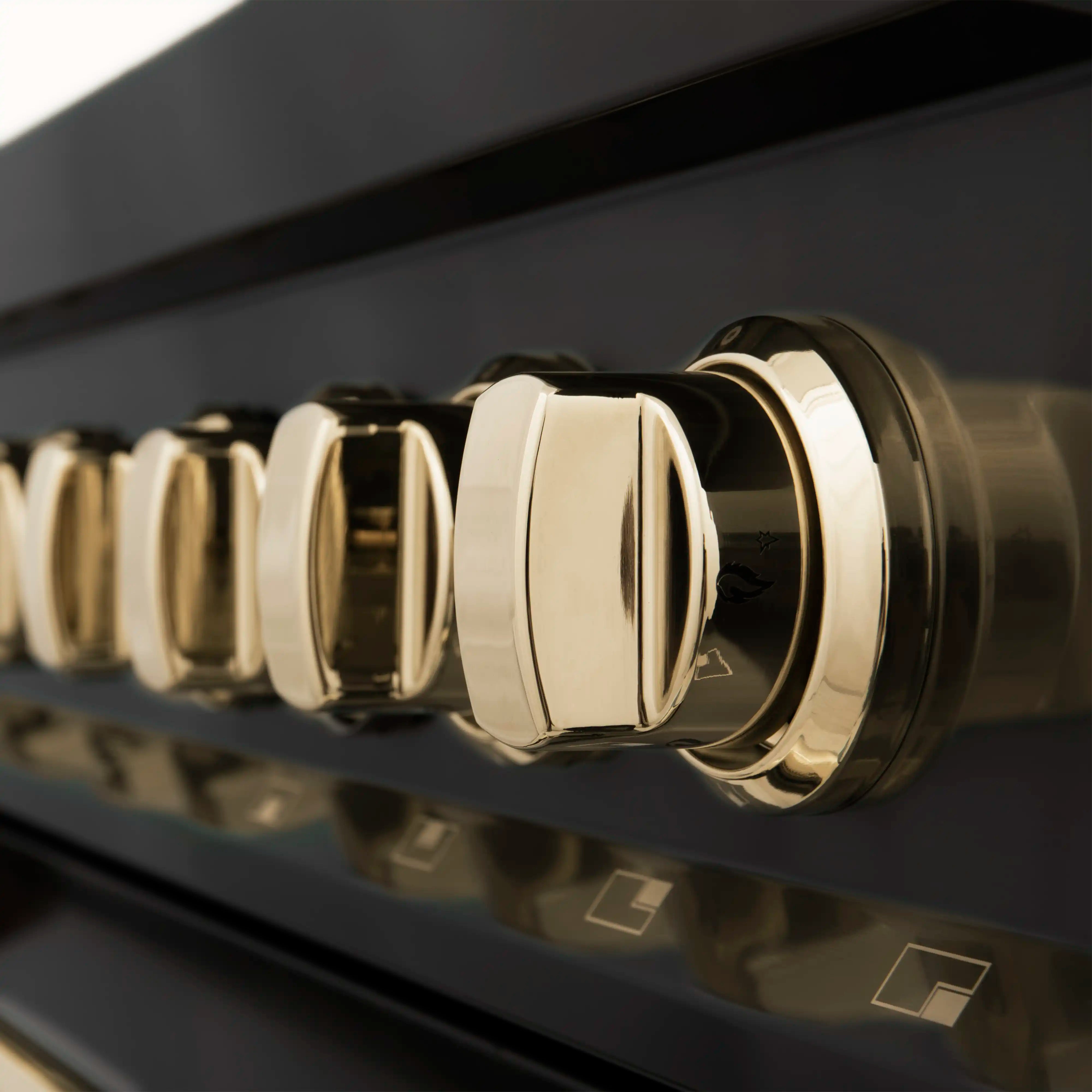 Black stainless steel range with gold-accent control knobs and chrome trim