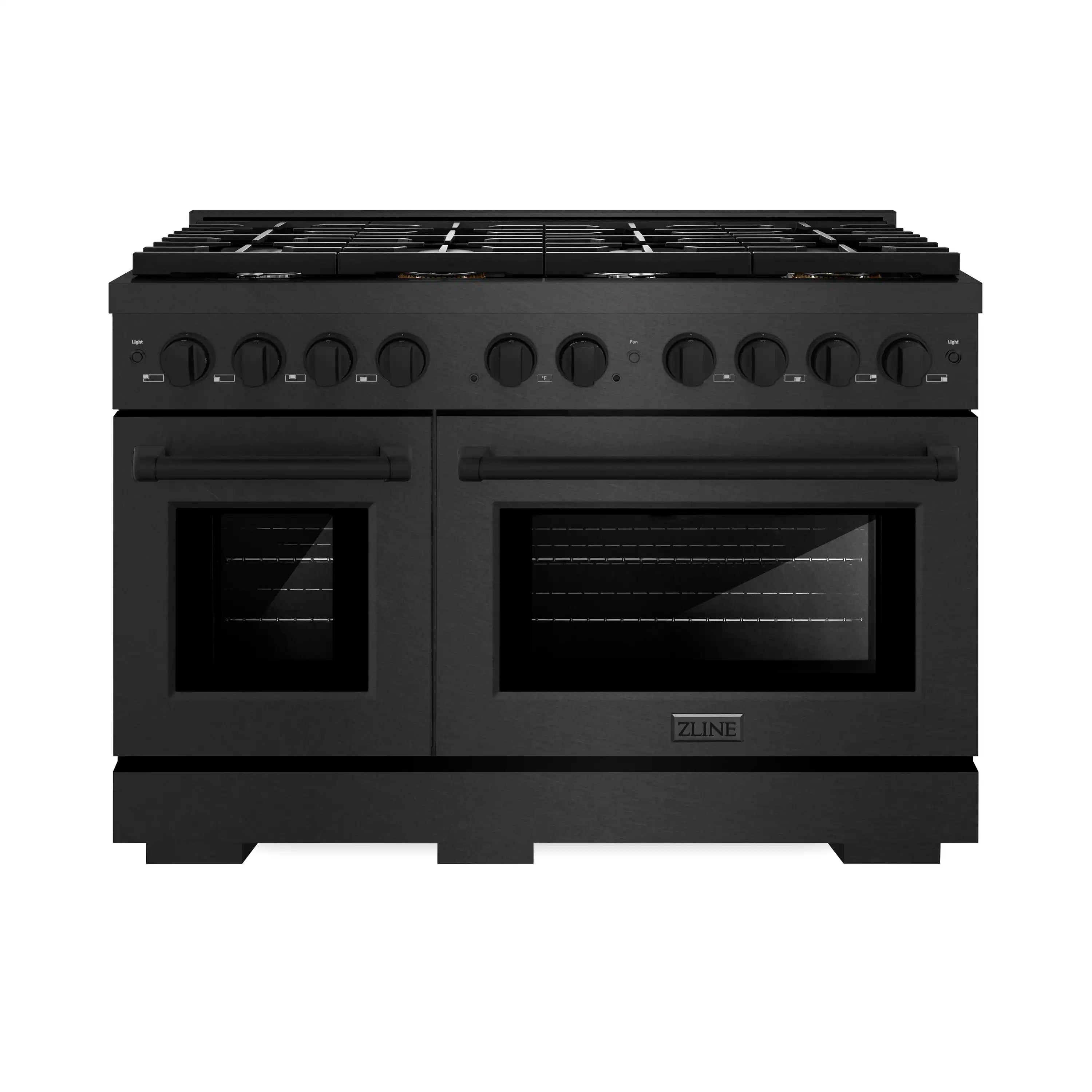 Black dual oven range with two oven doors and control knobs