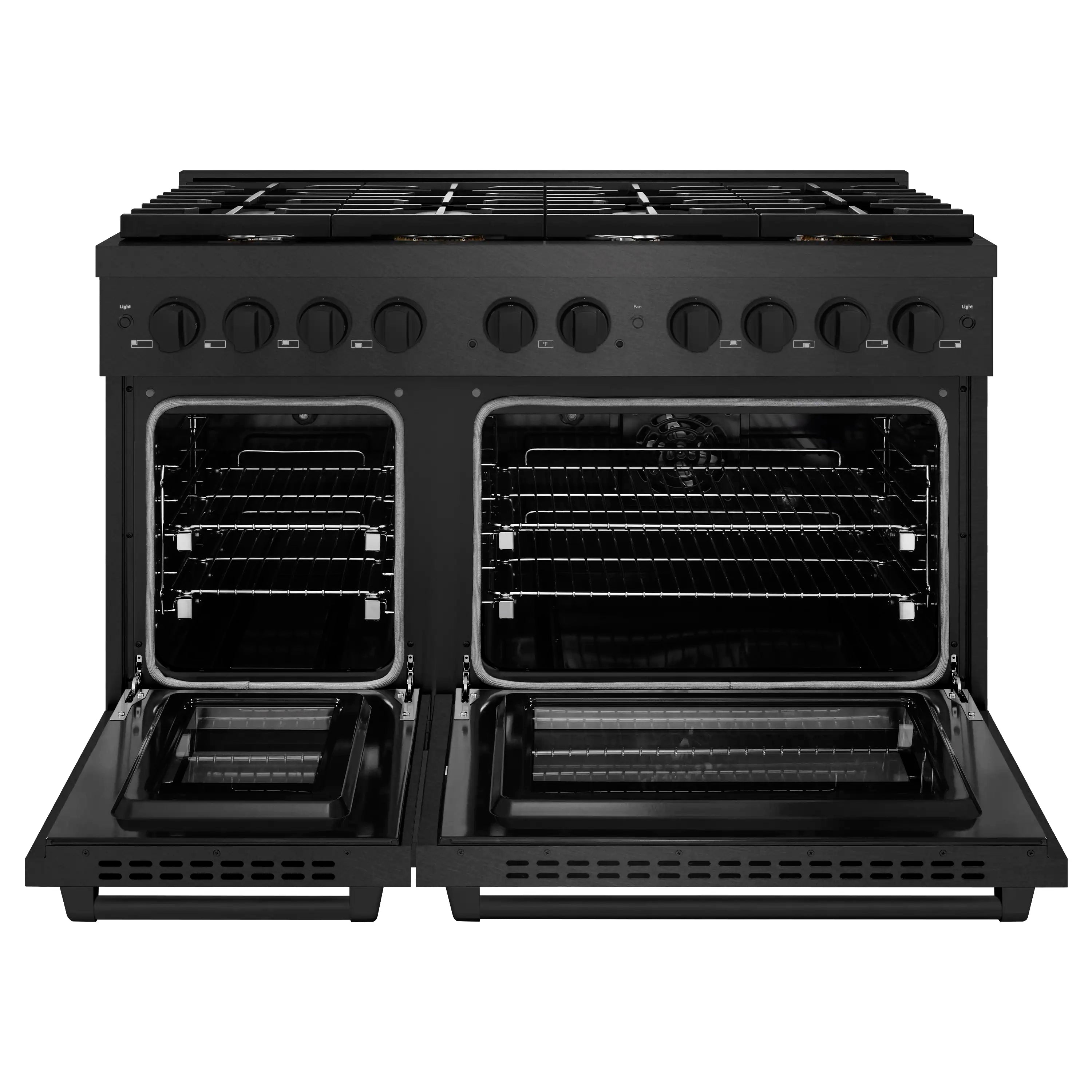 Black double oven dual fuel range with two open oven doors and control knobs