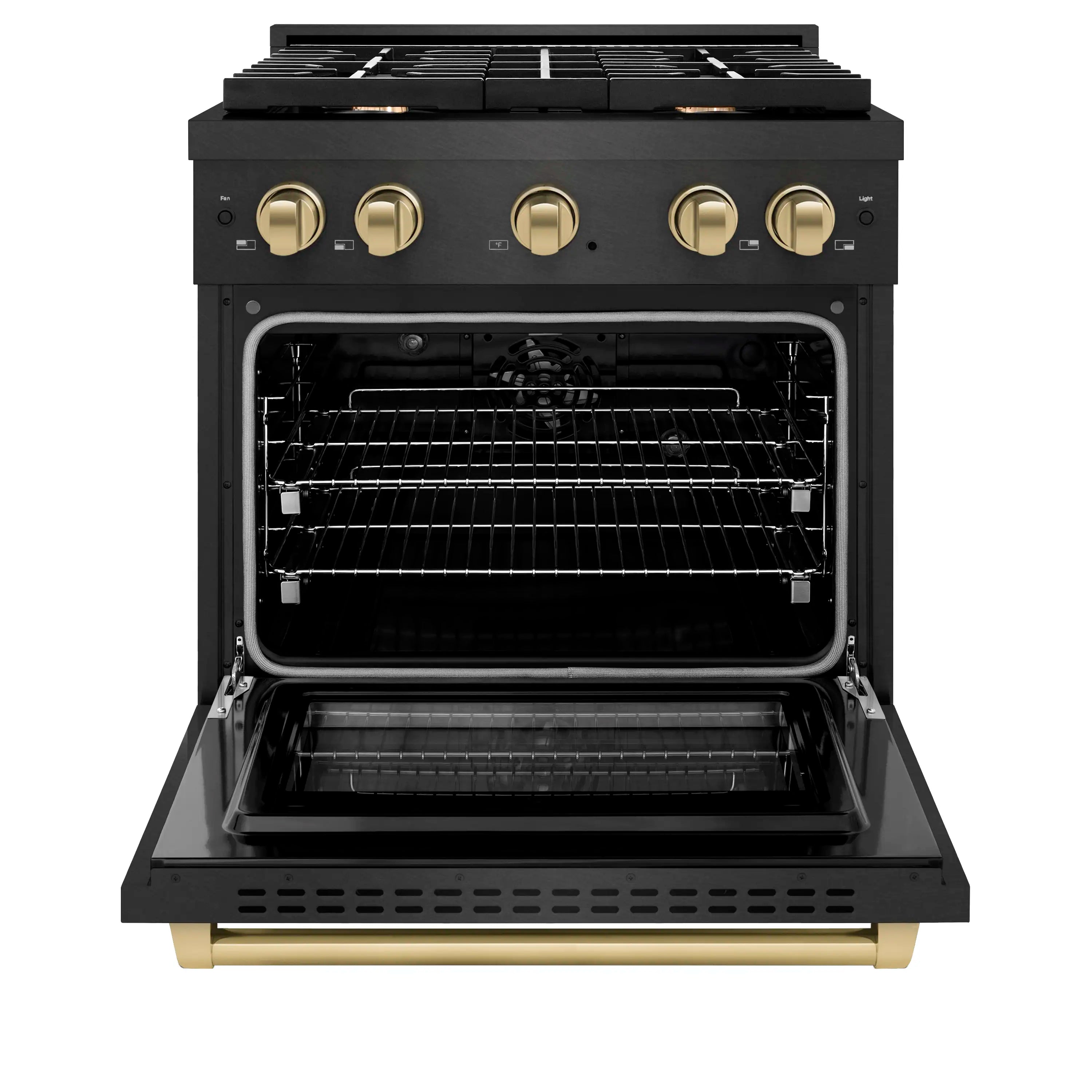 Black satin dual-fuel range with open oven cavity and four burner cooktop, bronze knobs.