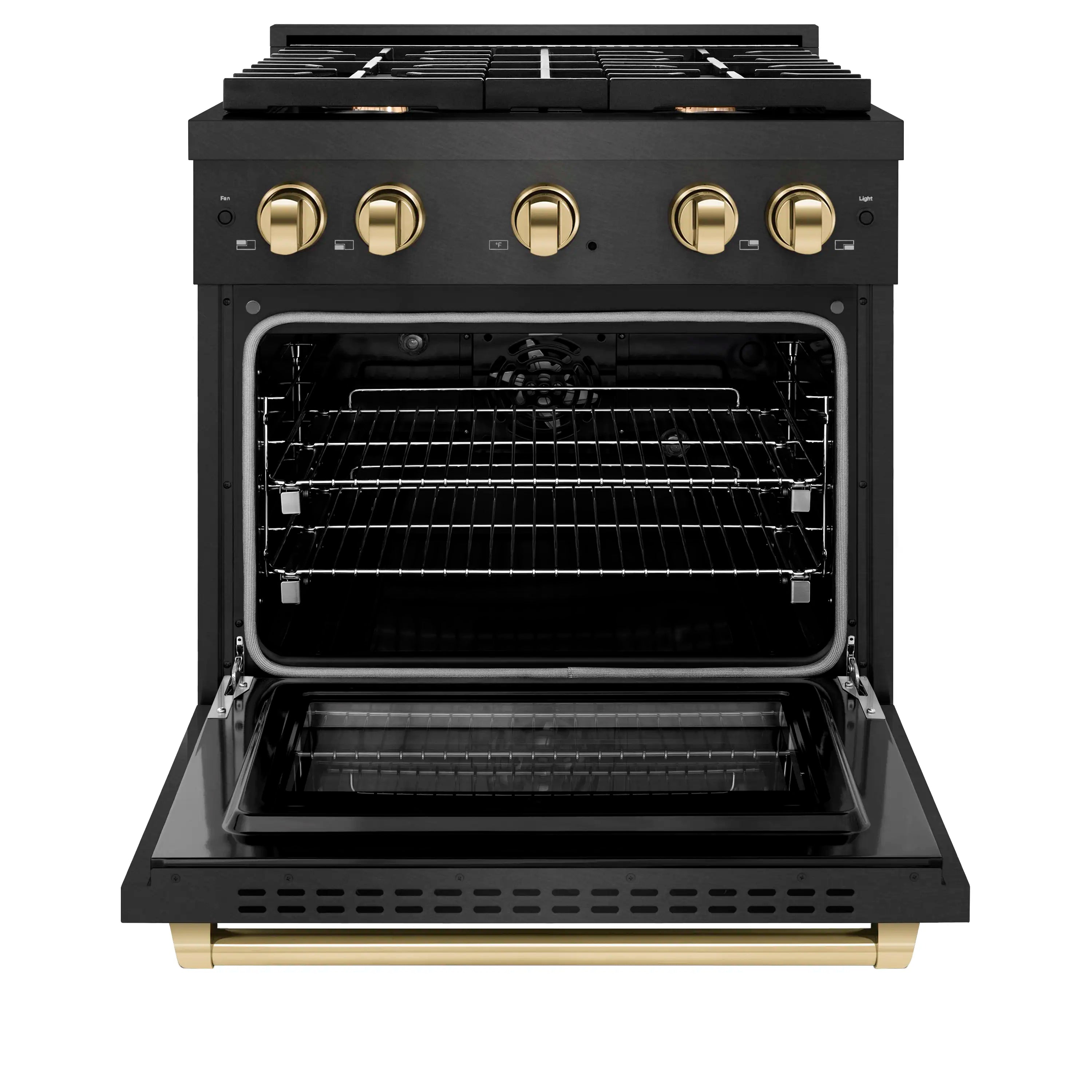 Black oven door open showing interior racks and baking cavity