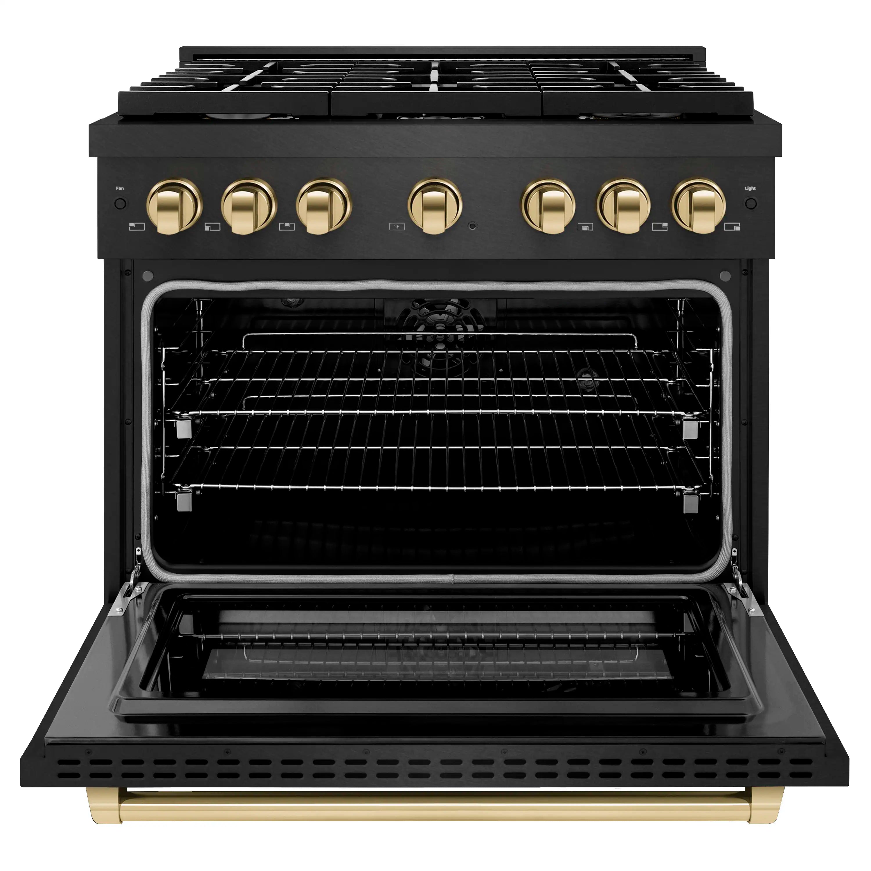 Open oven cavity with racks and dual fuel cooktop above