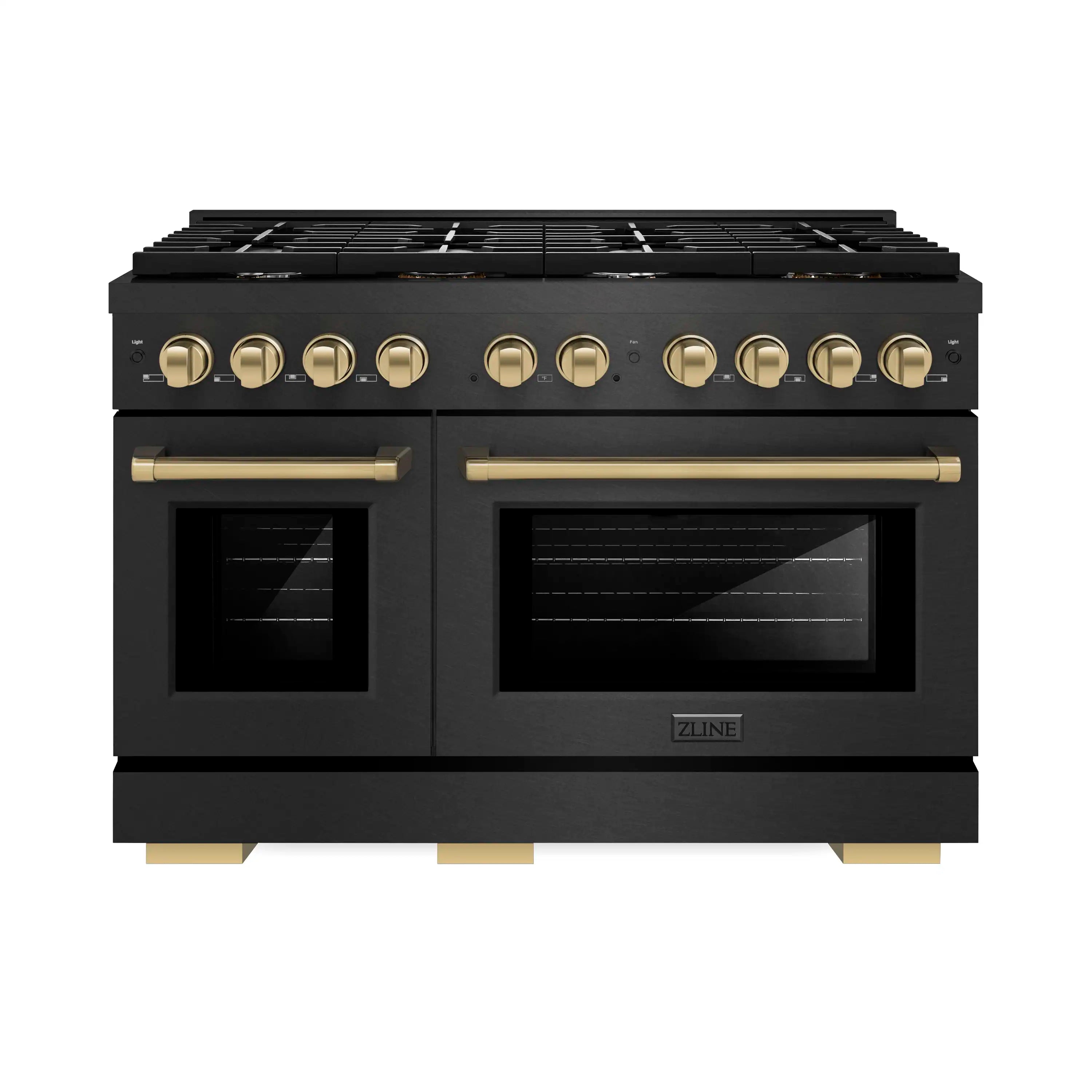 Black dual fuel range front panel with two ovens and champagne-colored control knobs