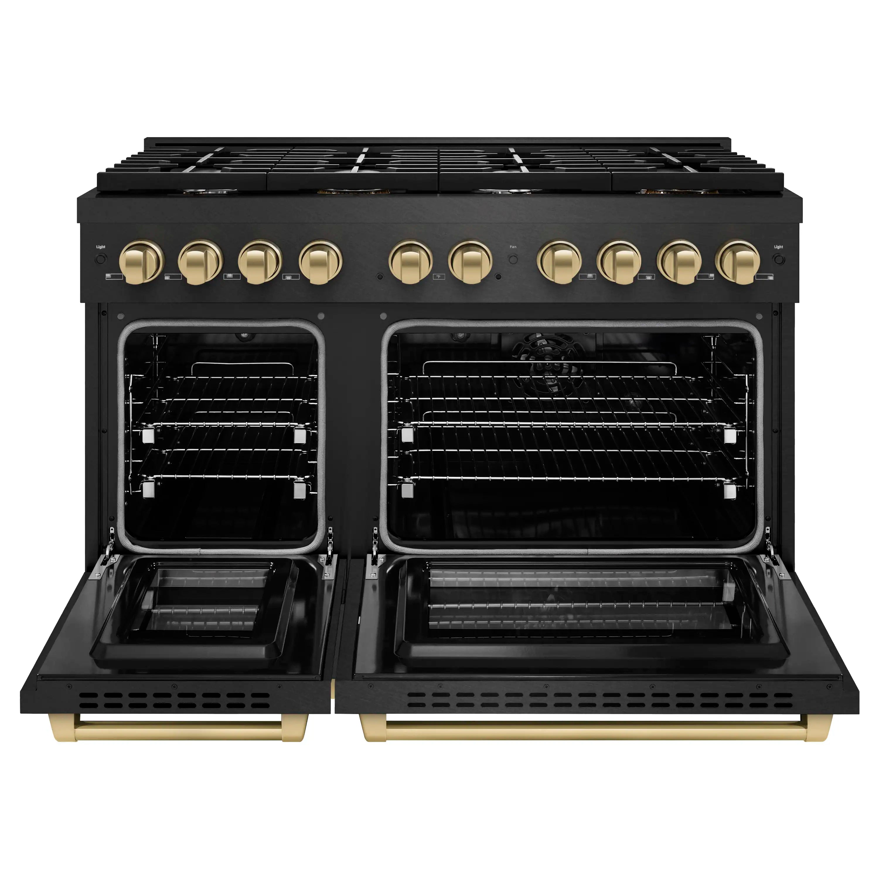 Black dual fuel range with both oven doors open and champagne drawer trim