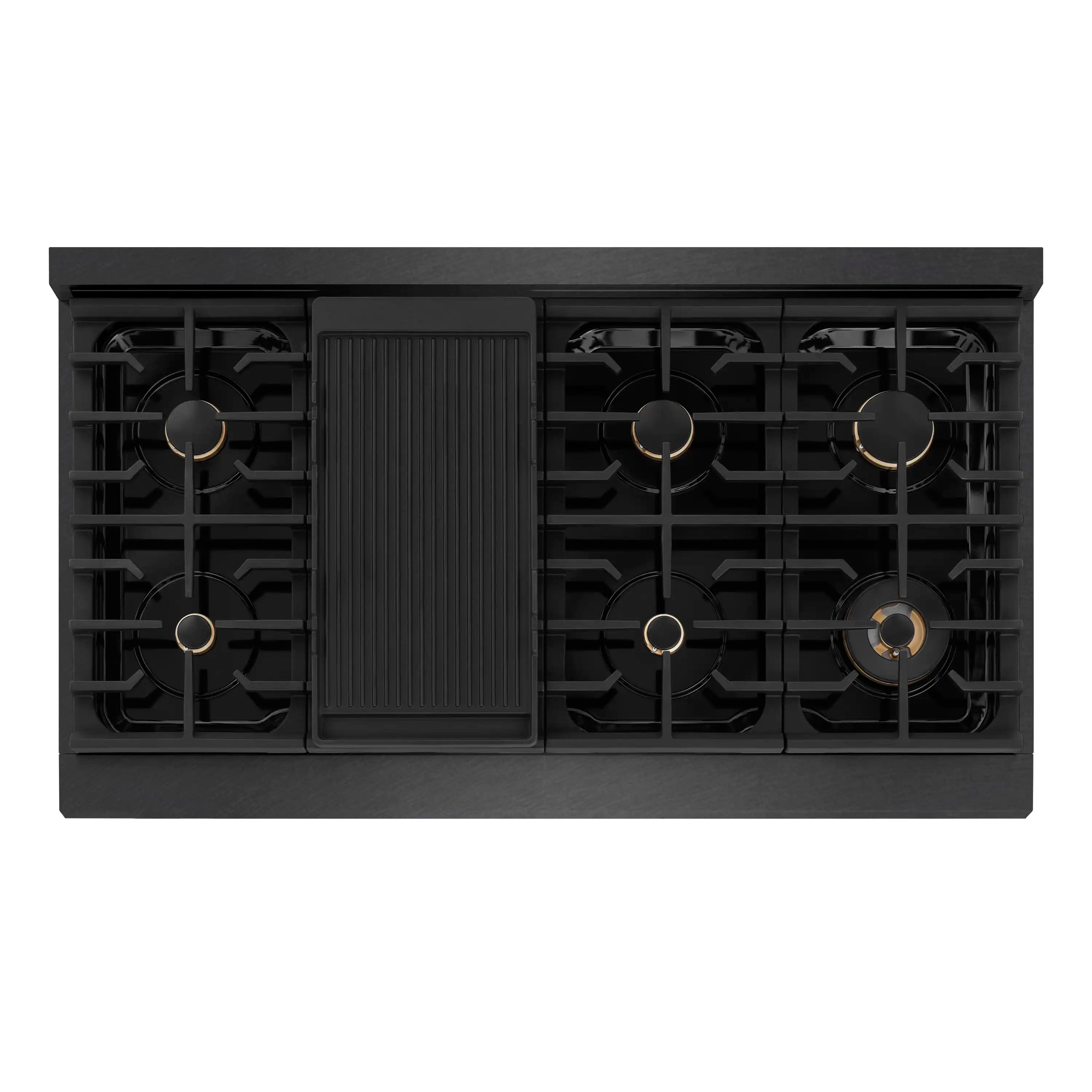 Black gas cooktop with grates and circular burner caps, centered control panel section