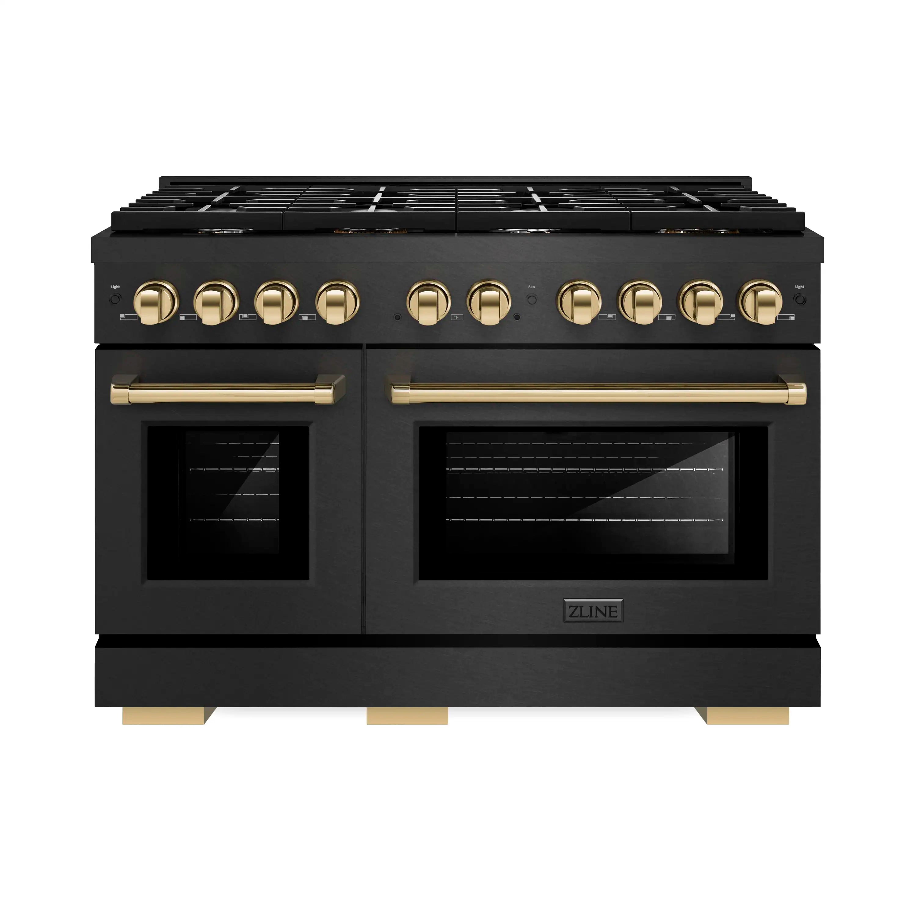 Black dual-fuel range with two oven doors, gold control knobs, and cooktop grates