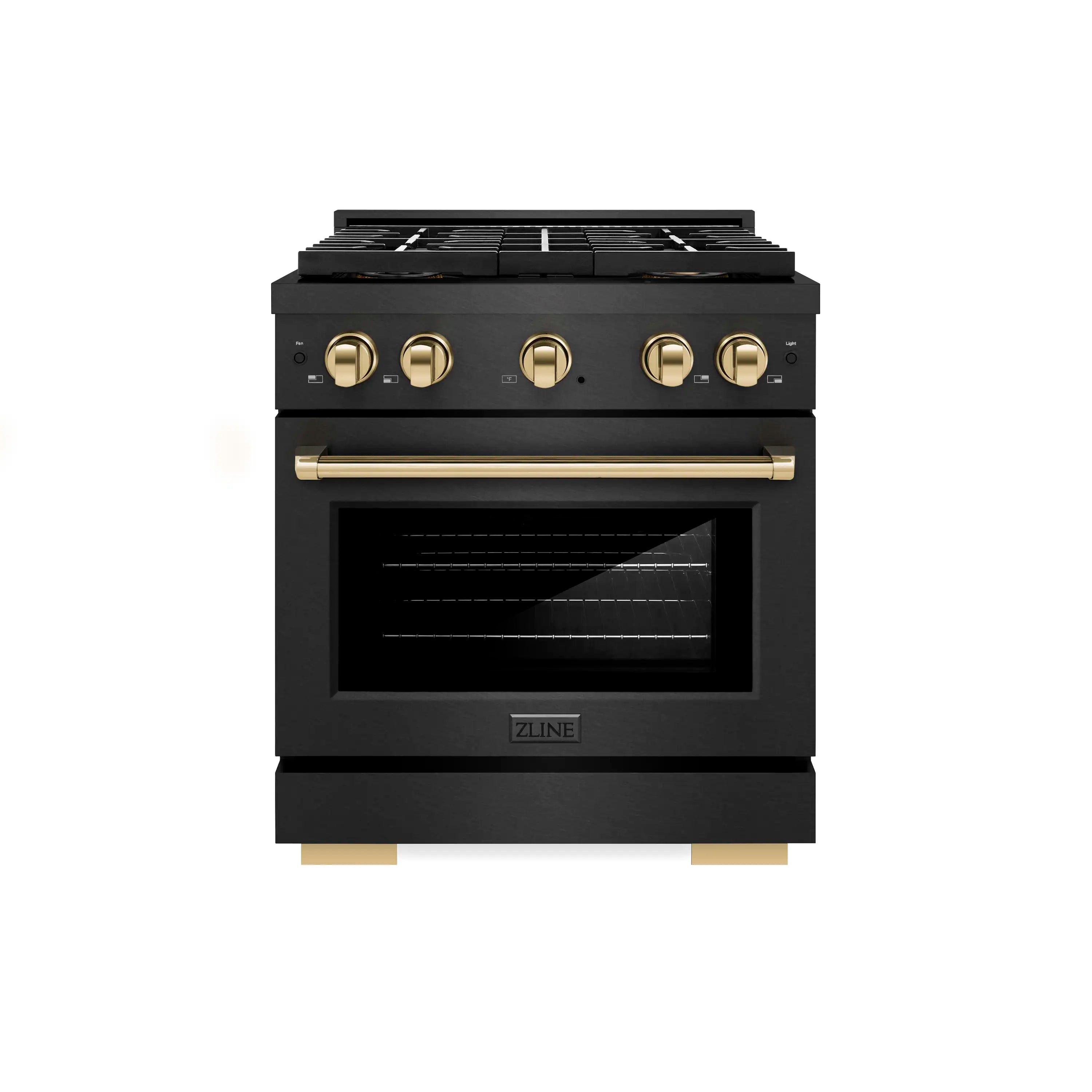 Black dual-fuel range front with gold control knobs, black oven window, and cooktop grates
