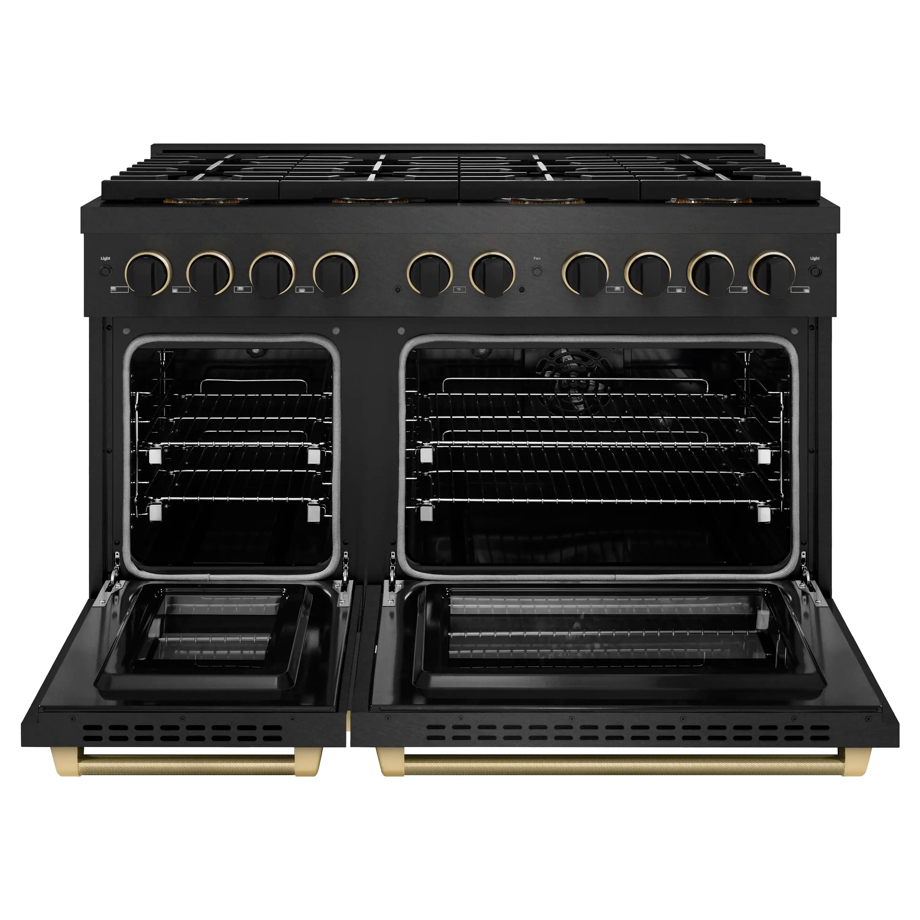 Black dual fuel range with two open ovens and interior wire racks
