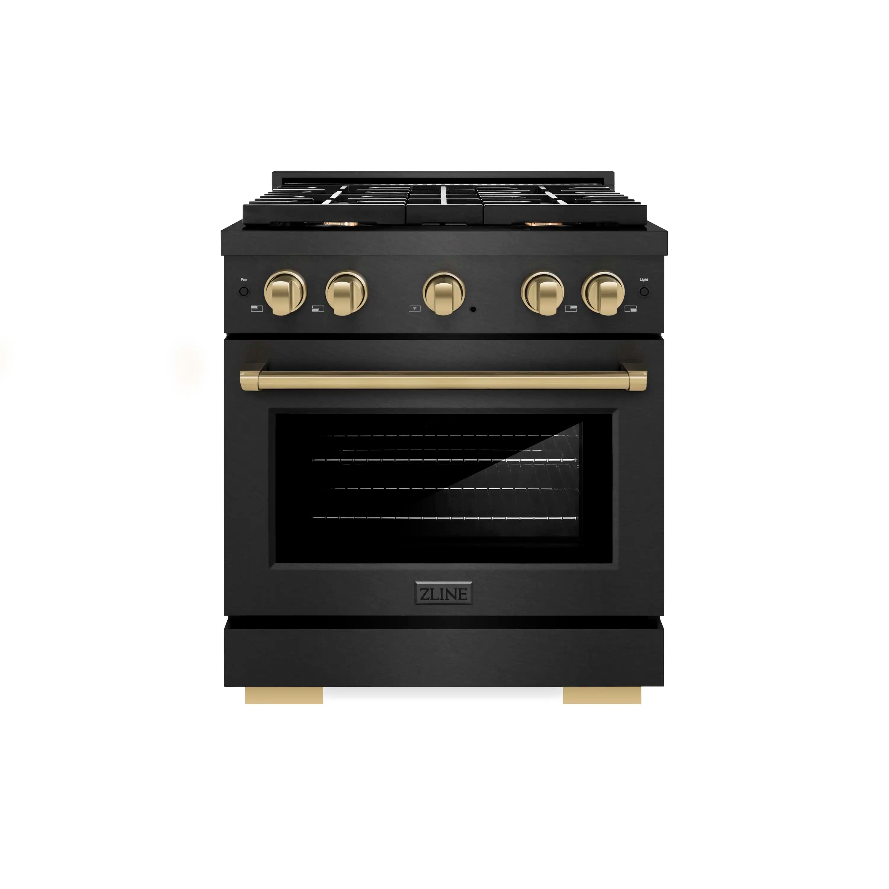 Black gas range with gold control knobs and top cooktop burners