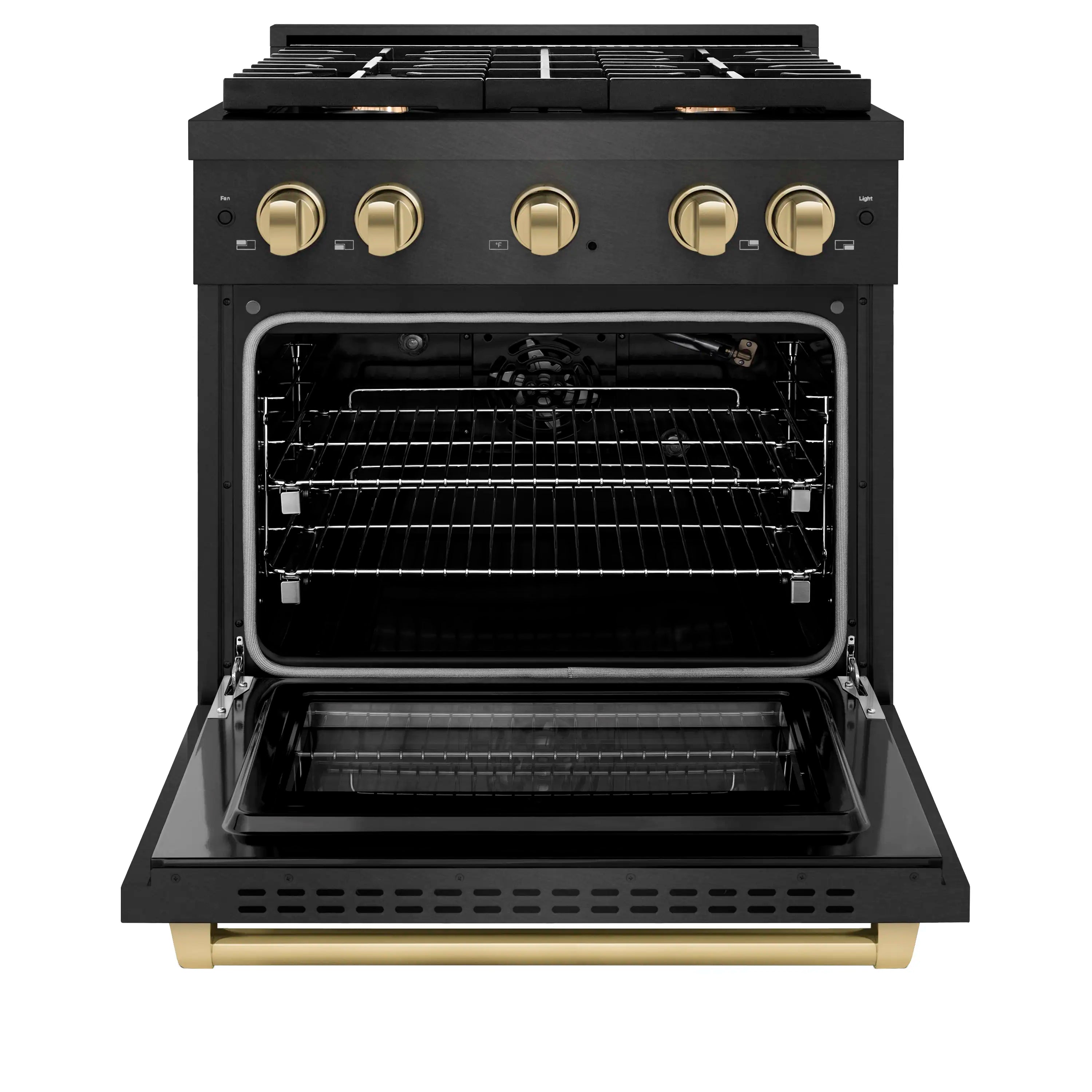 Black gas range with oven door open and wire rack inside