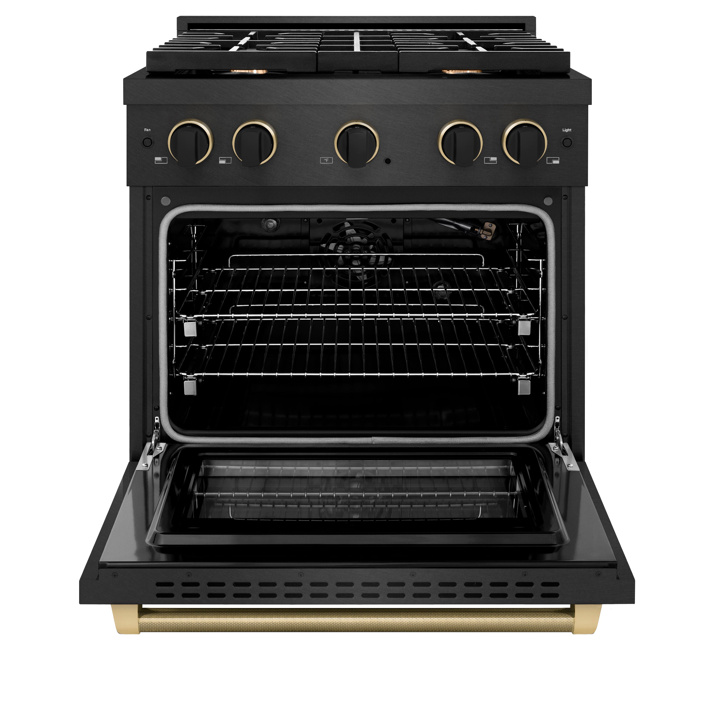 Black satin gas range with oven door open, racks inside, front view