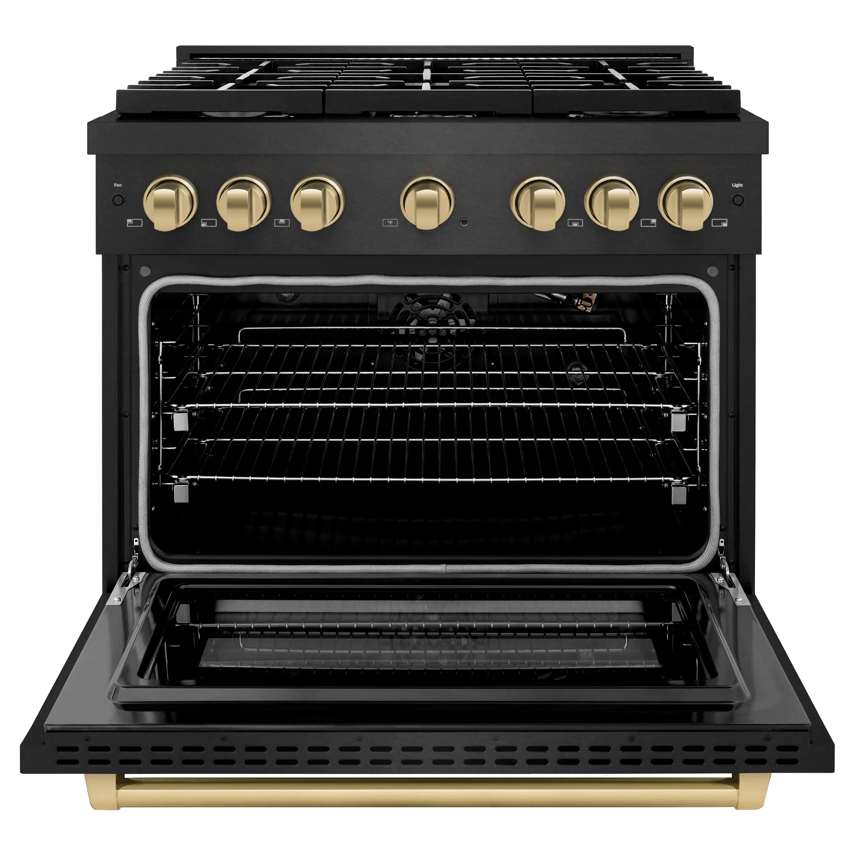Open black oven door with wire racks and champagne-trim base feet