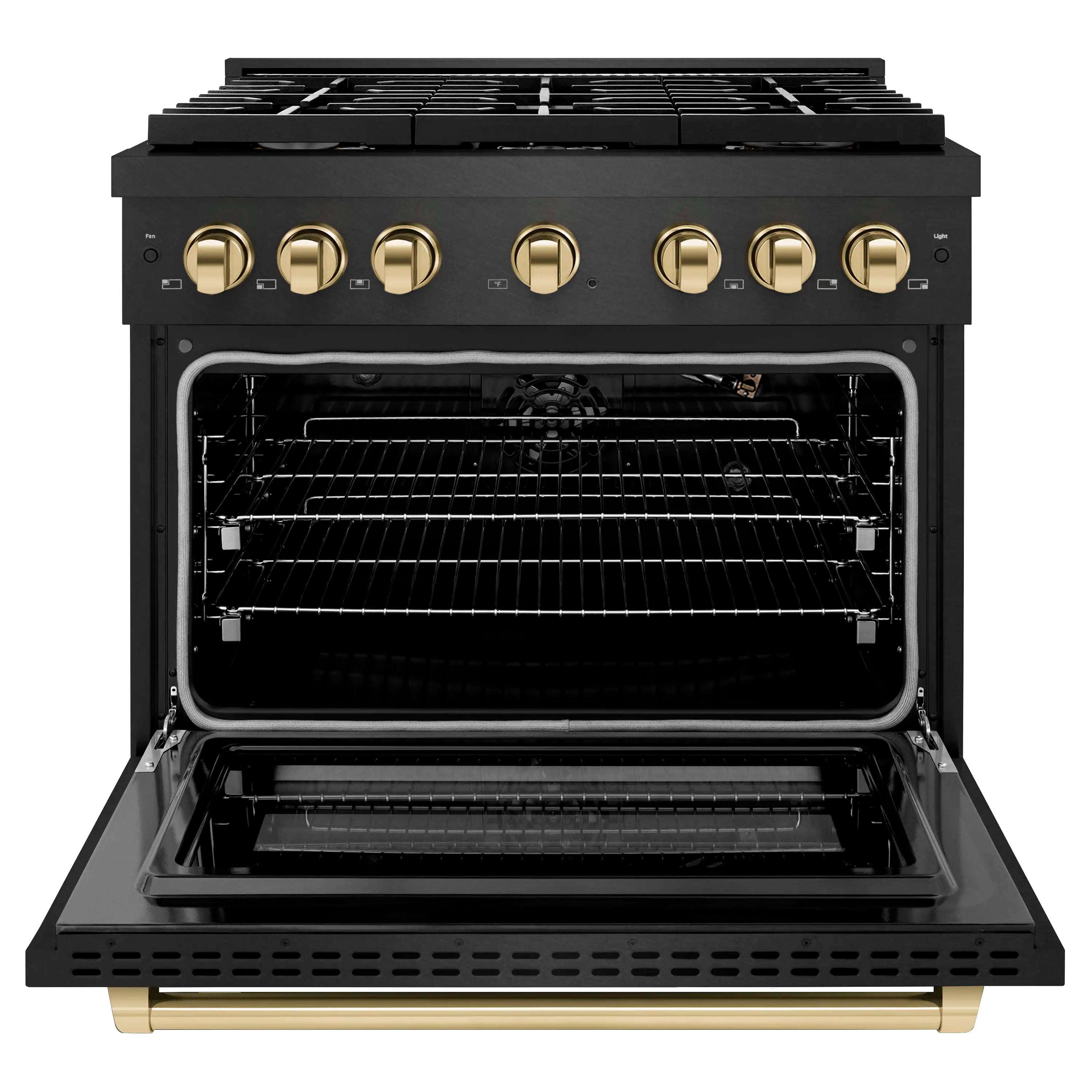 Black gas range with open oven door, interior racks, and gold control knobs