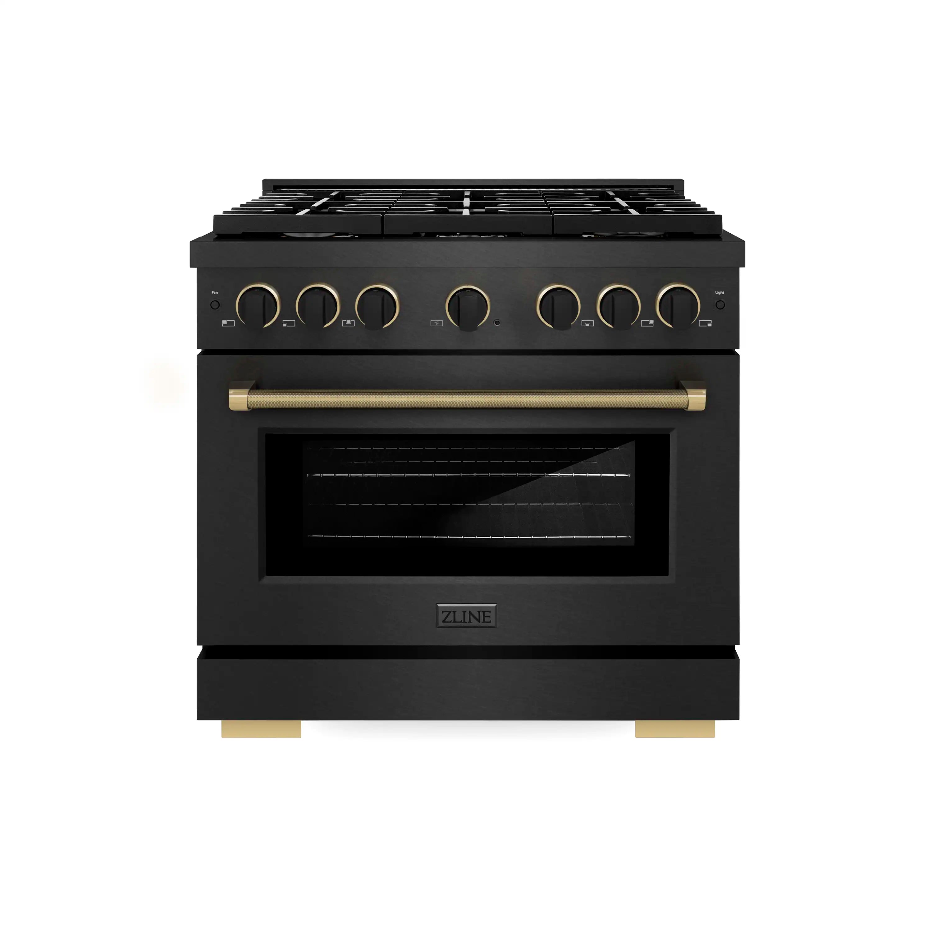 Black satin gas range with cooktop controls and closed oven door
