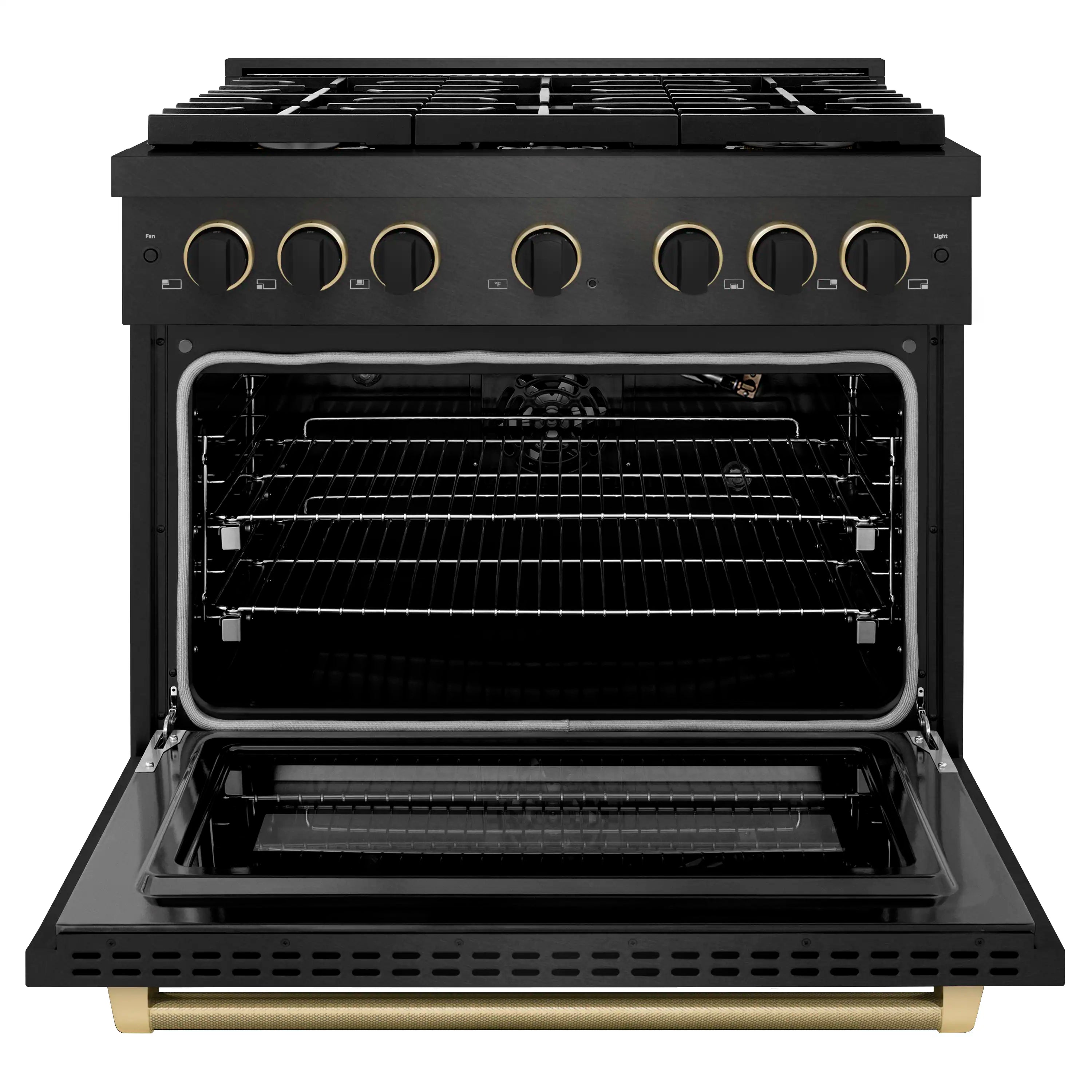 Black gas range with open oven door and pull-out racks for baking