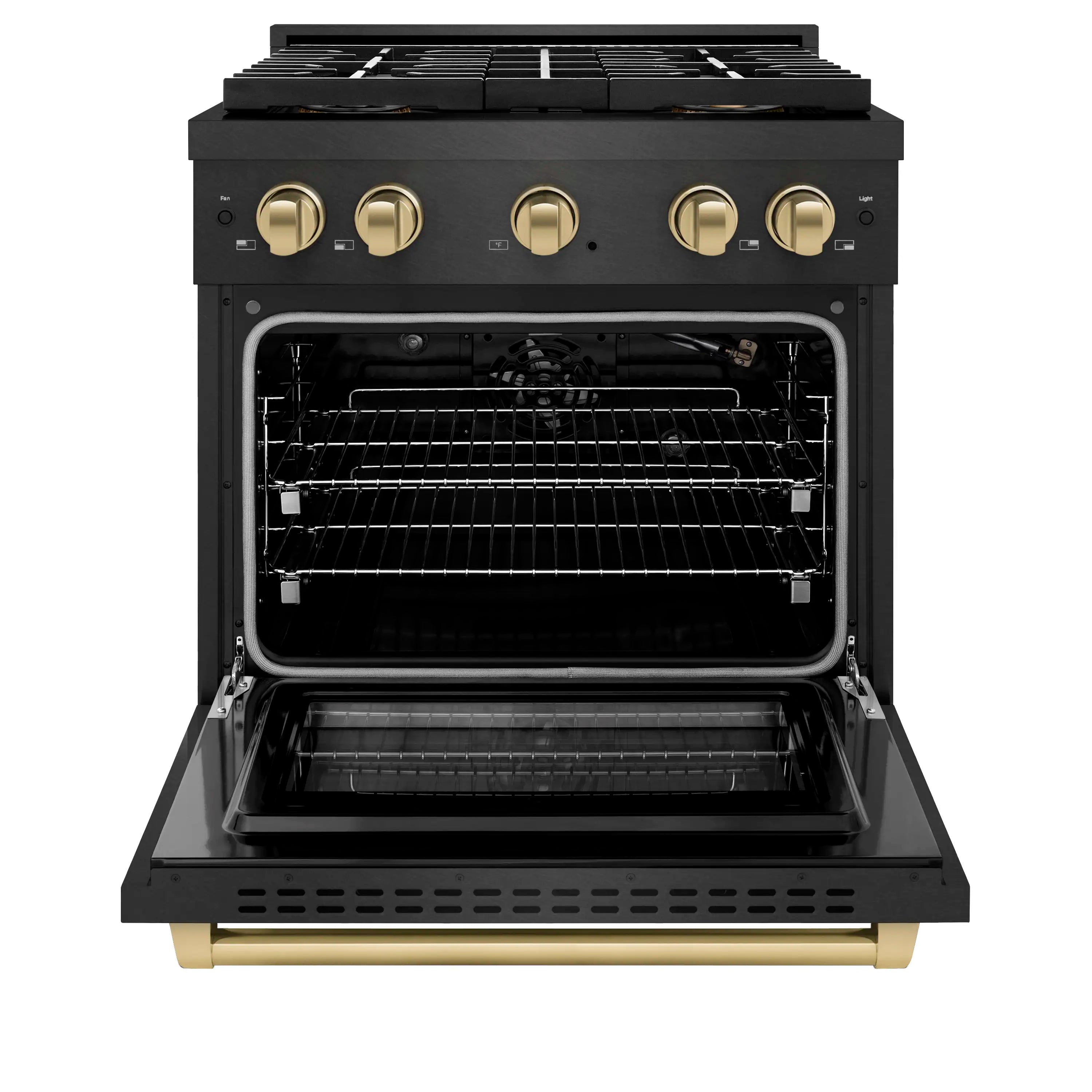Black gas range with oven door open and interior rack system; champagne base feet