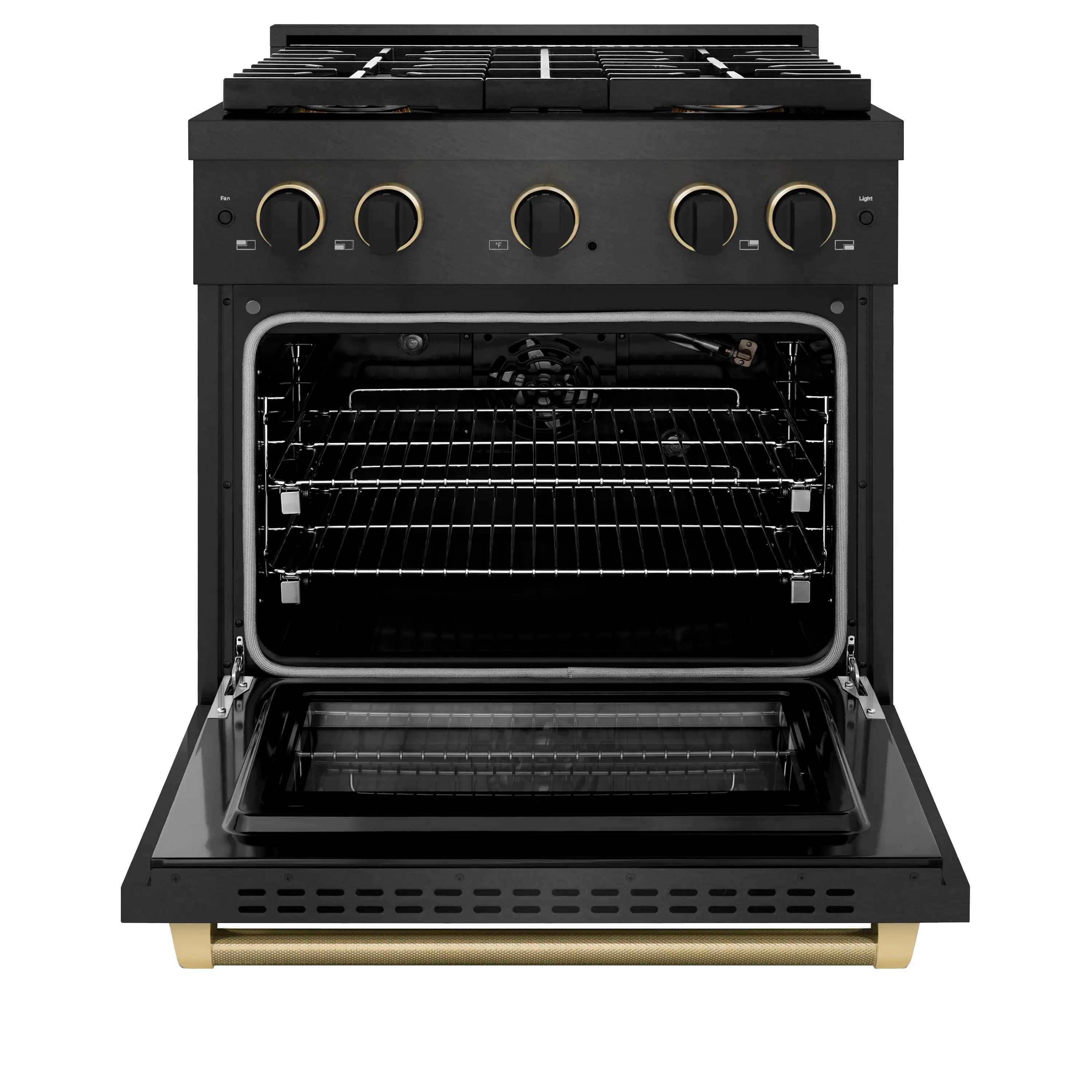 Black gas range with open oven door, four burners, and front control knobs