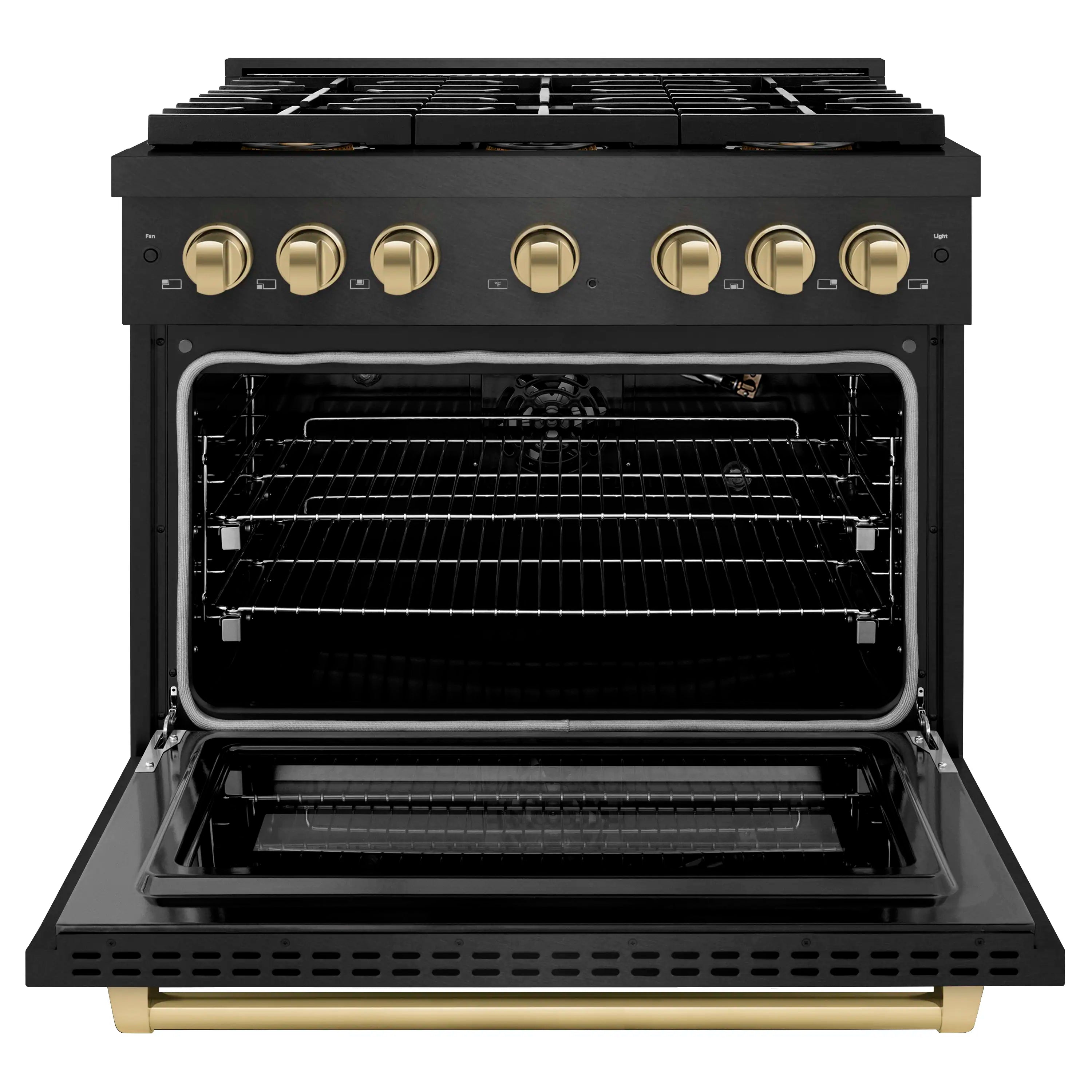 Black gas range with open oven door showing racks, gold control knobs and burner area
