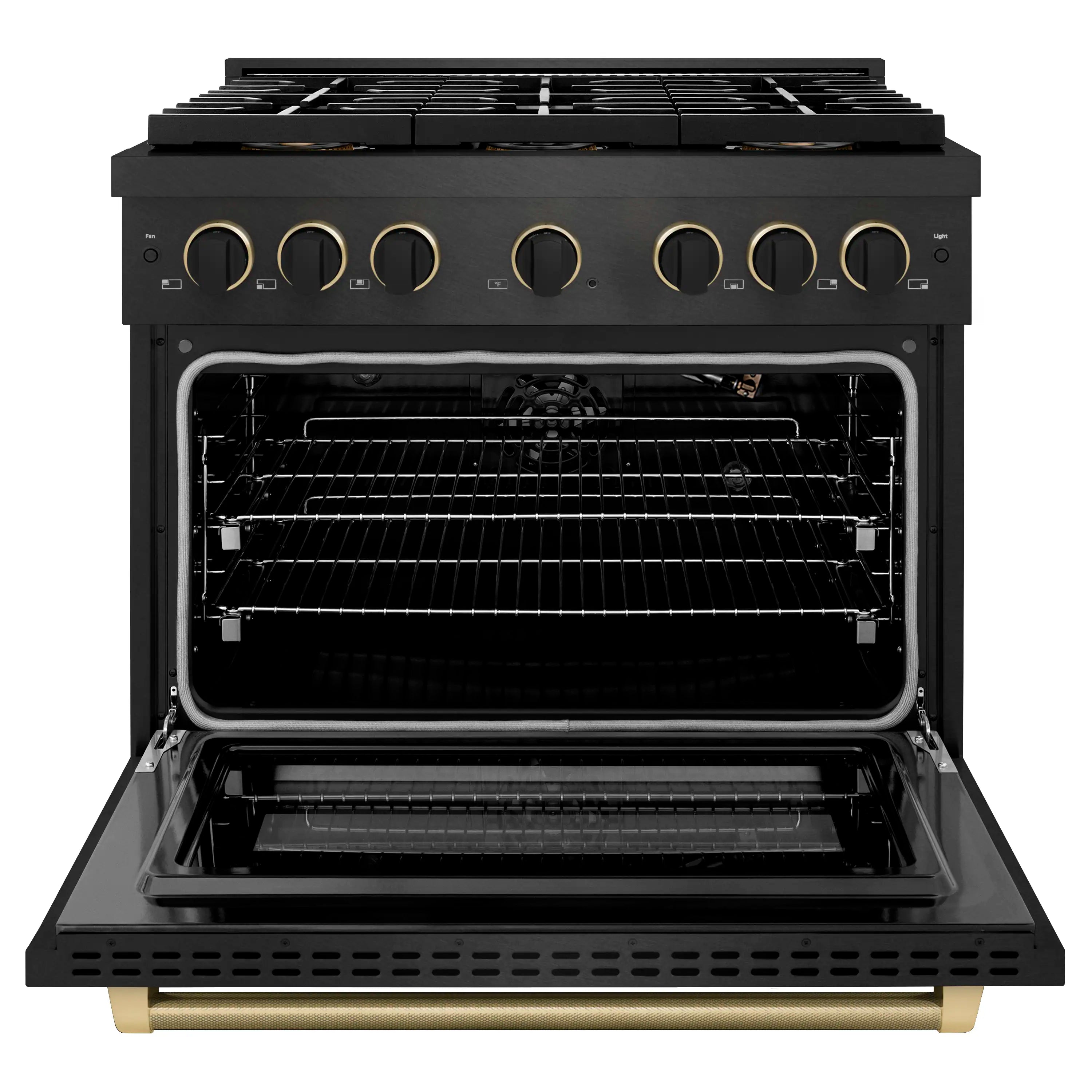 Black satin gas range with oven door open, showing wire racks and dark interior