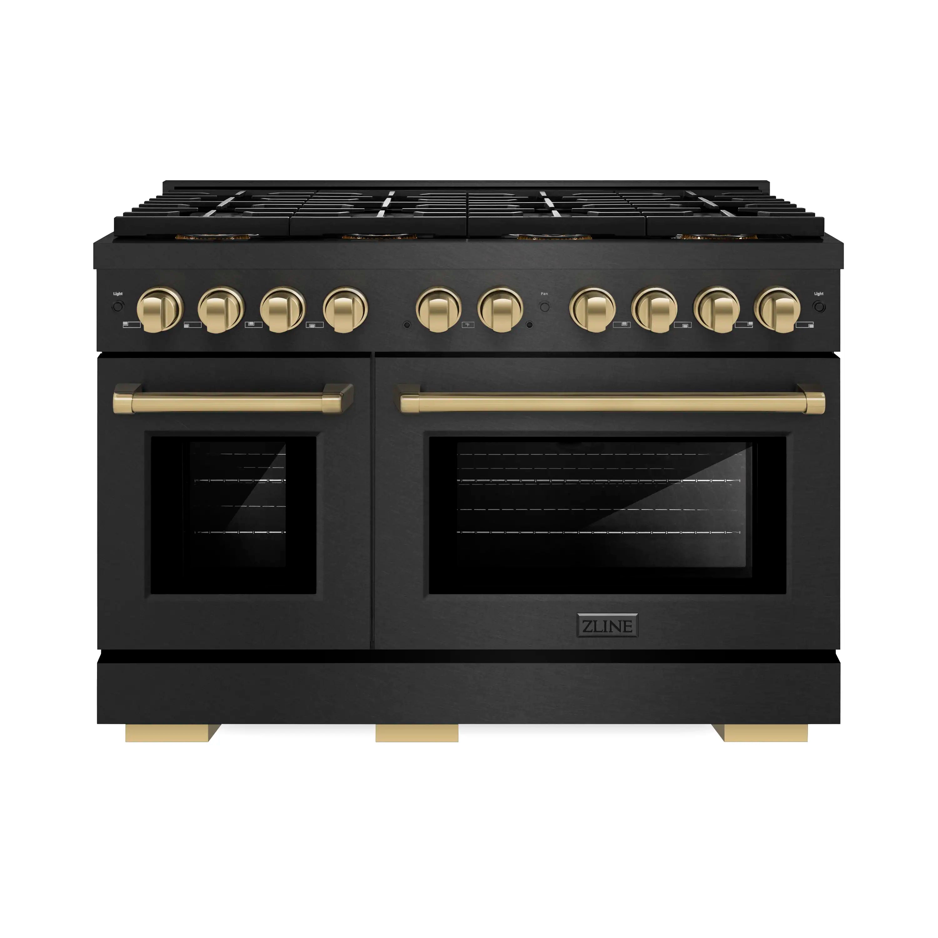 Black gas range with champagne-gold control knobs and two oven doors, front view