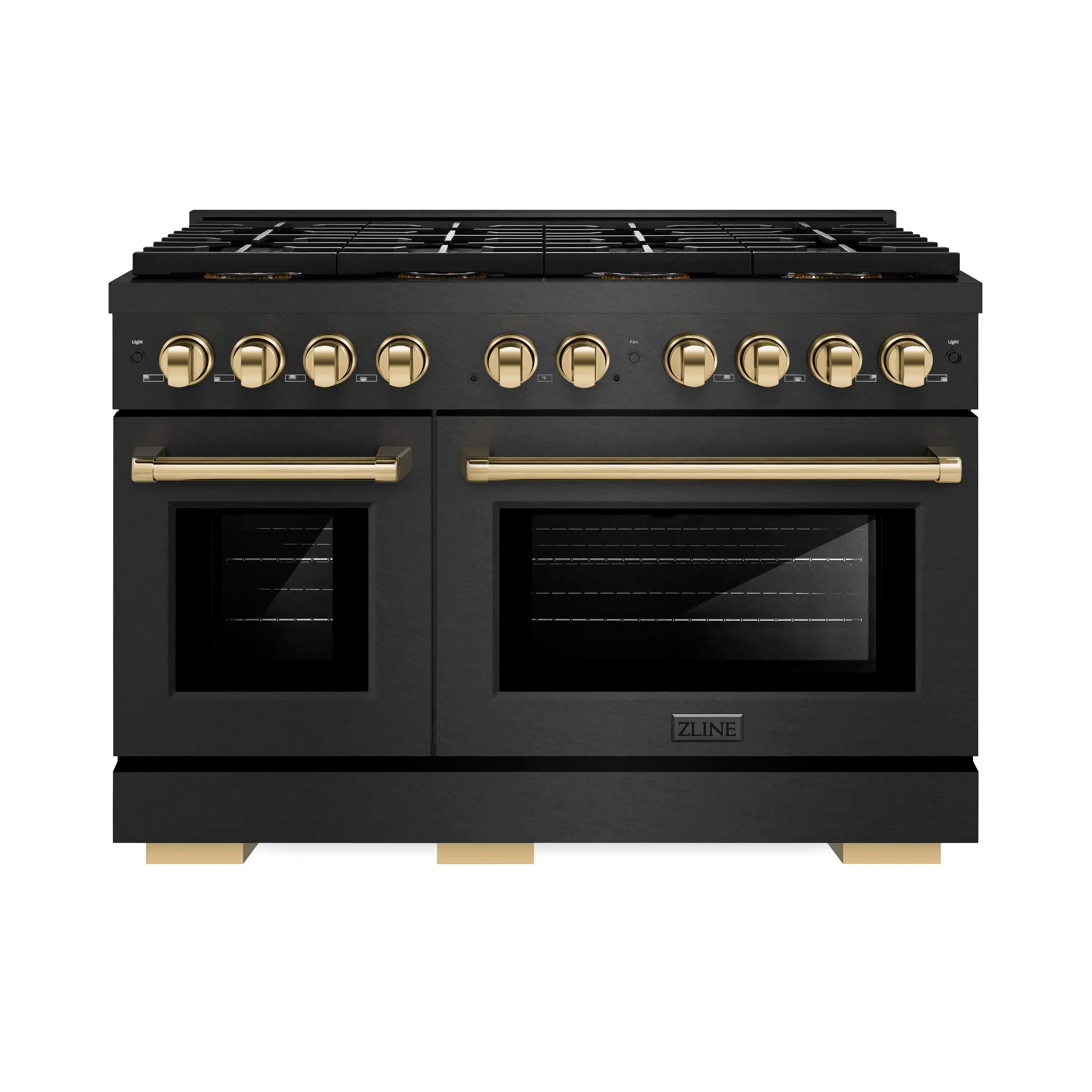 Black gas range with two oven doors, gold-trimmed control knobs, and top burner grates