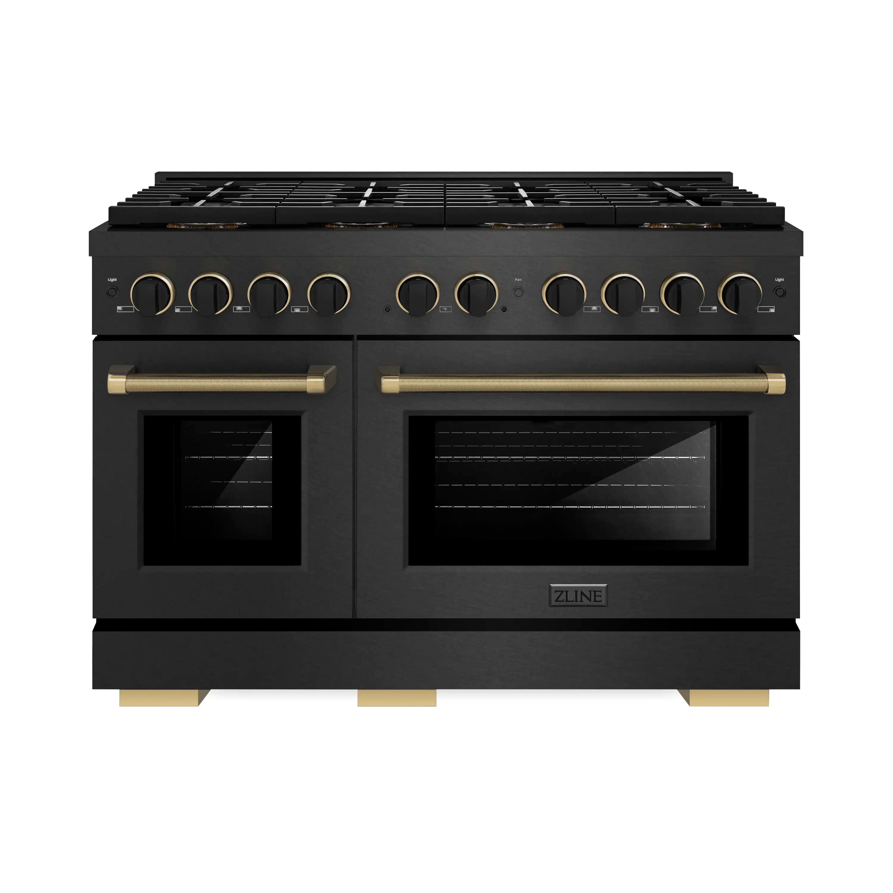 Black gas range front with two oven doors, control knobs, and champagne accents