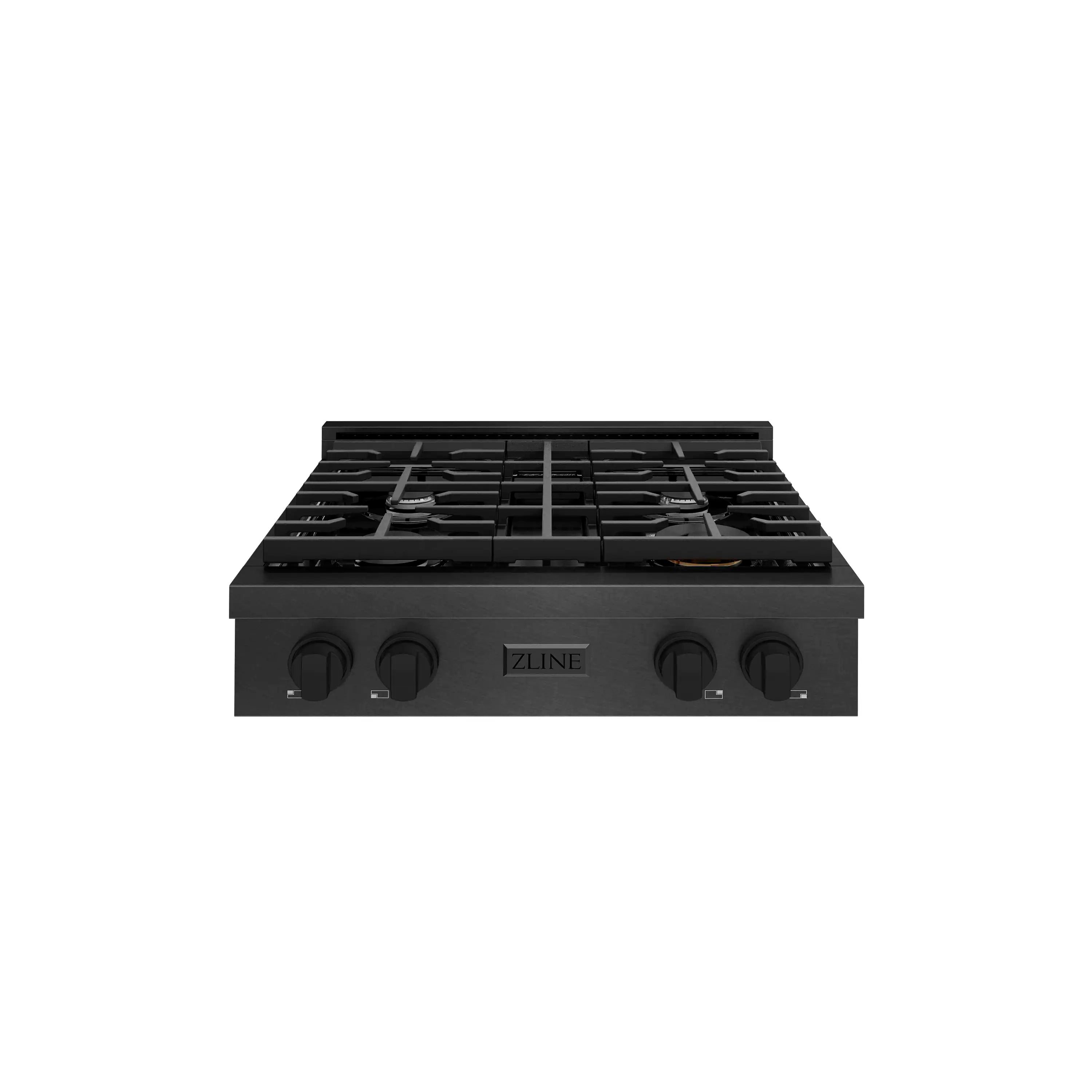 Black gas rangetop with four cast iron grates and four control knobs