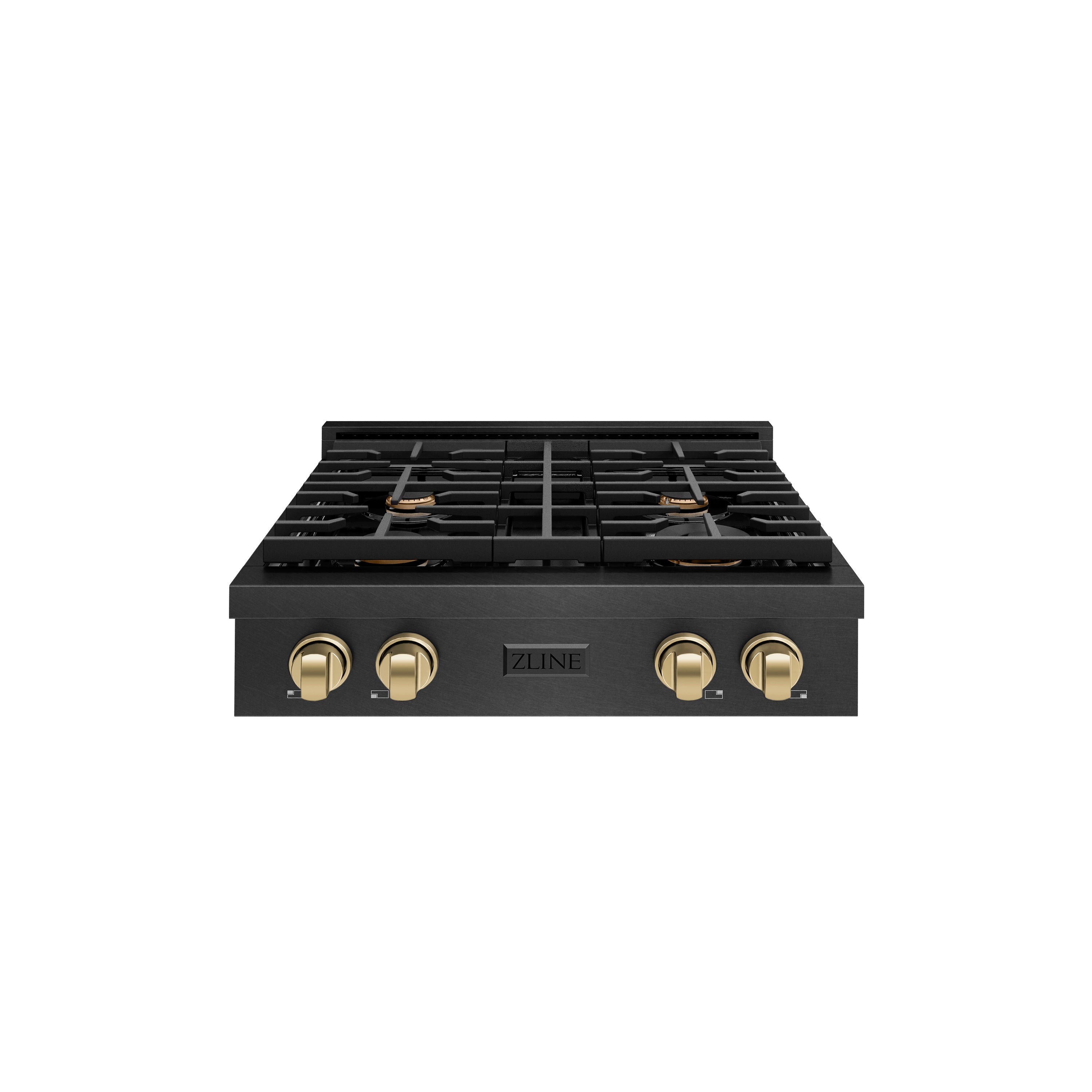 Black gas rangetop with four burners and champagne-bronze knob accents