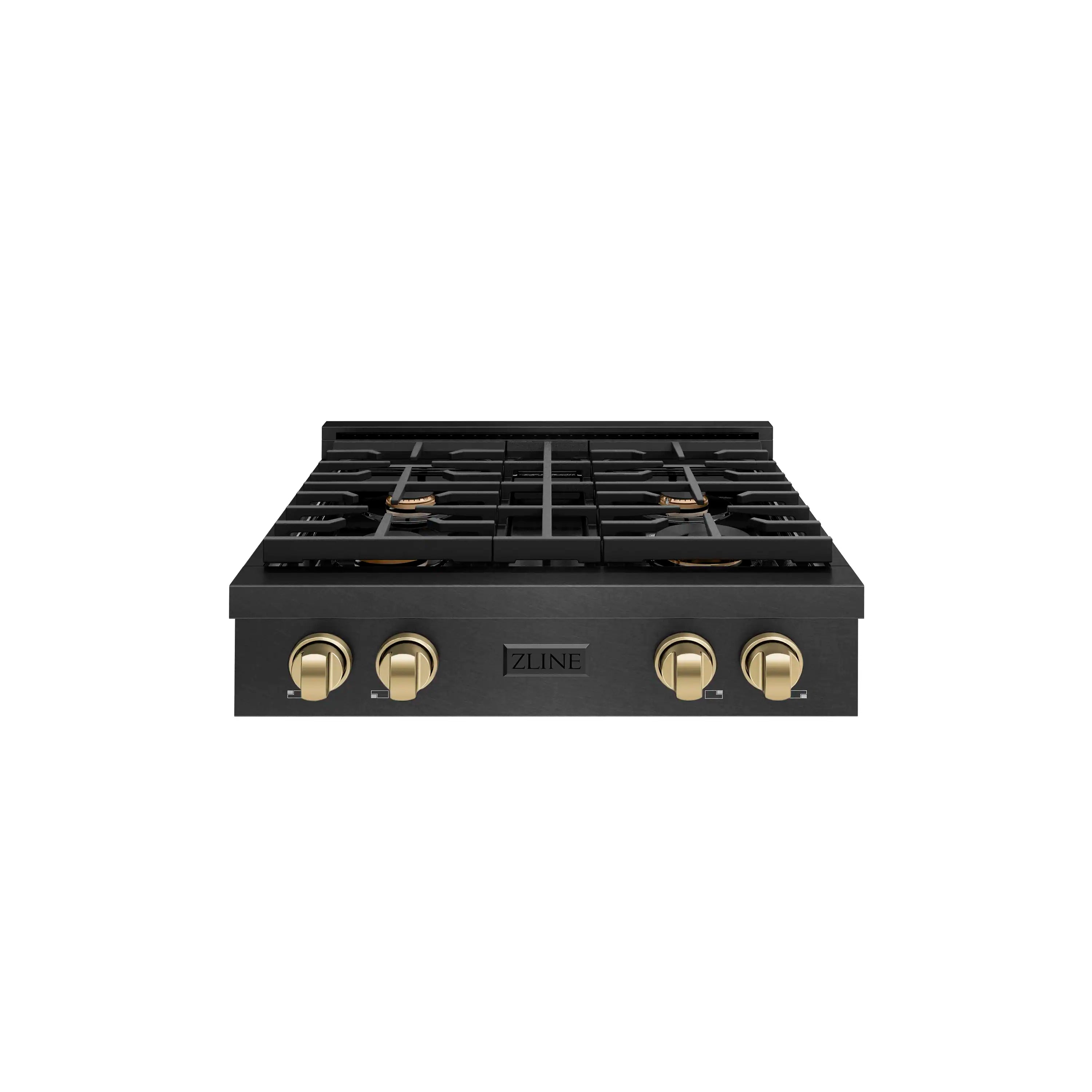 Black gas rangetop front view with four burners and champagne bronze control knobs