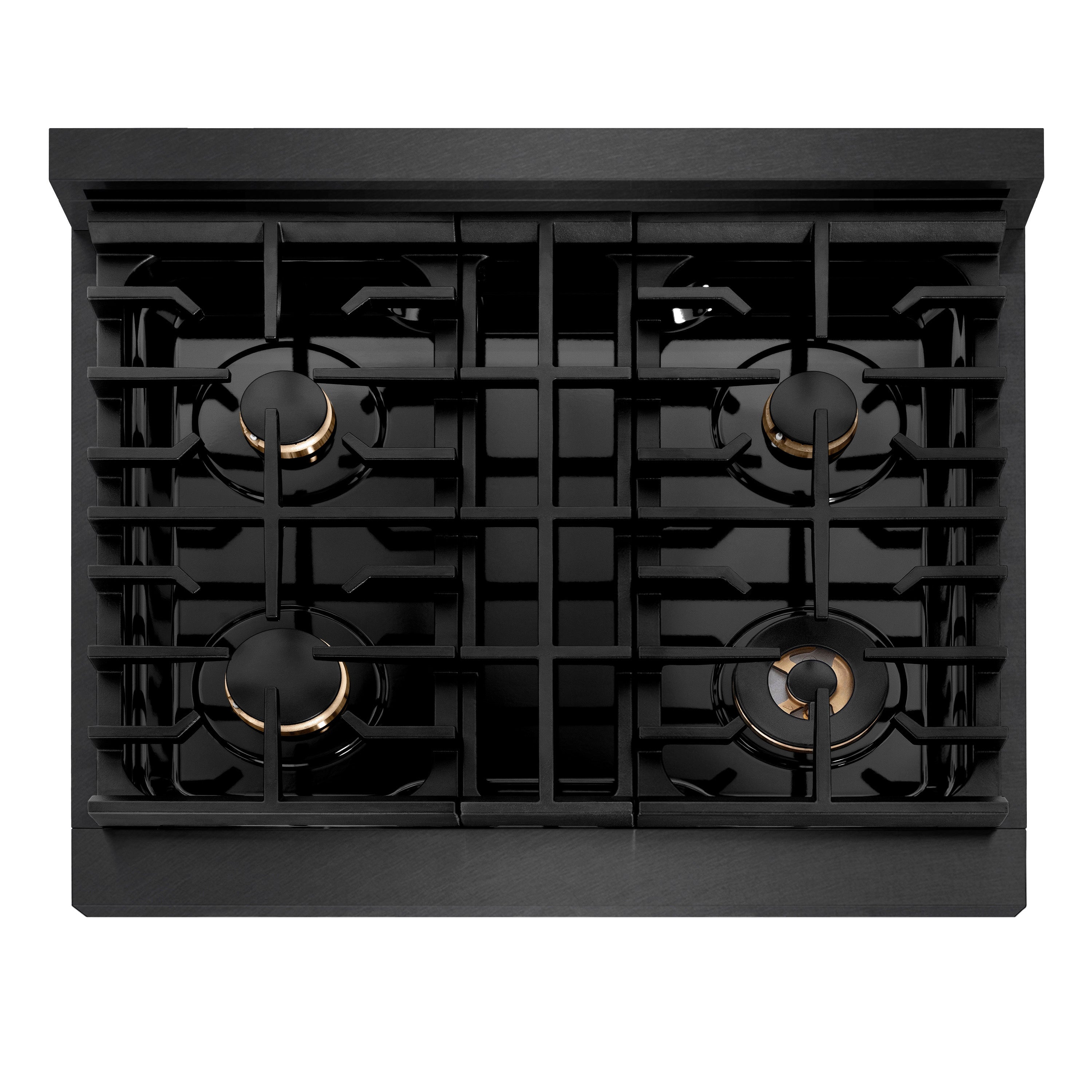 Overhead view of black gas rangetop with four burners and cast-iron grates