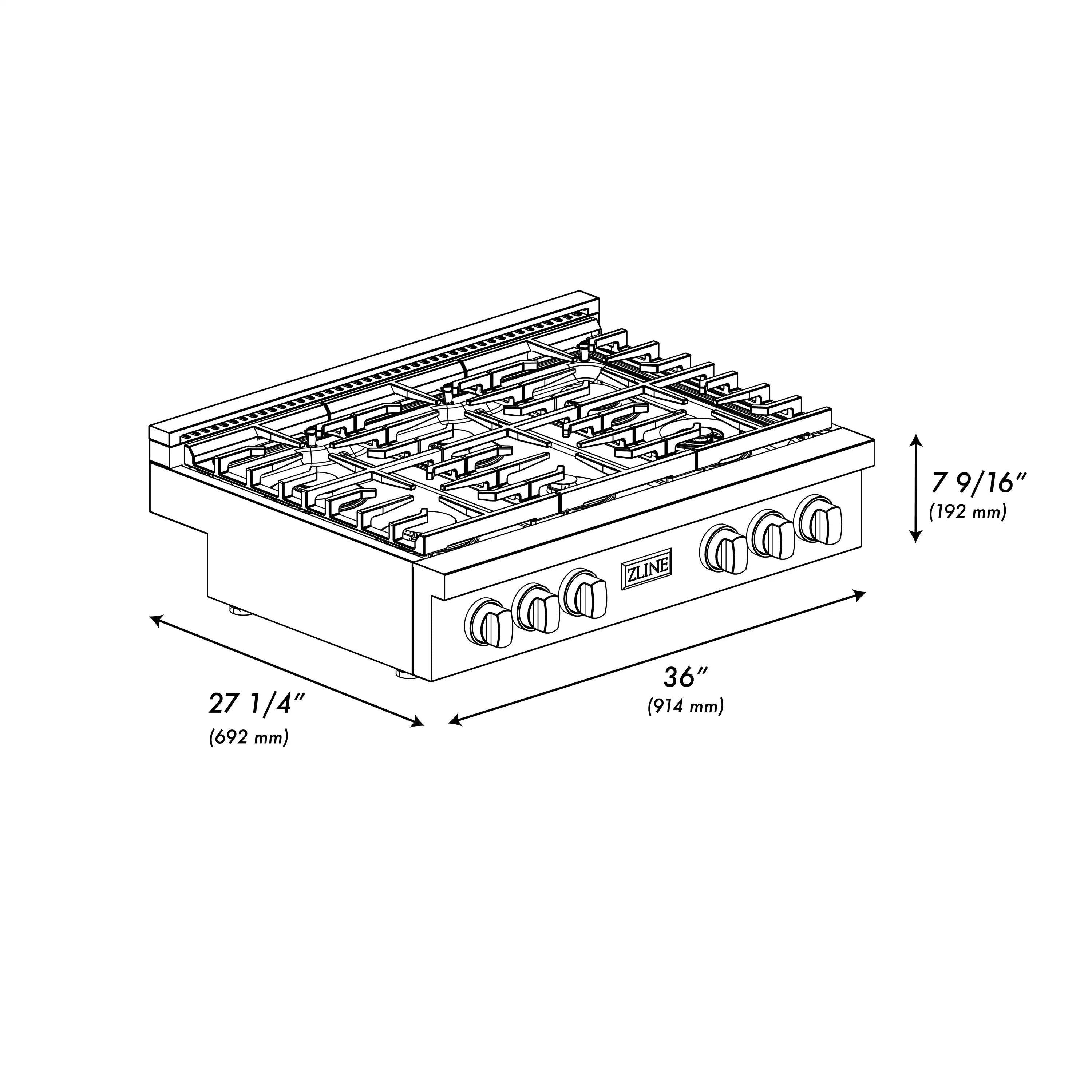 Gas rangetop cutaway diagram showing six burners and control layout with dimensions