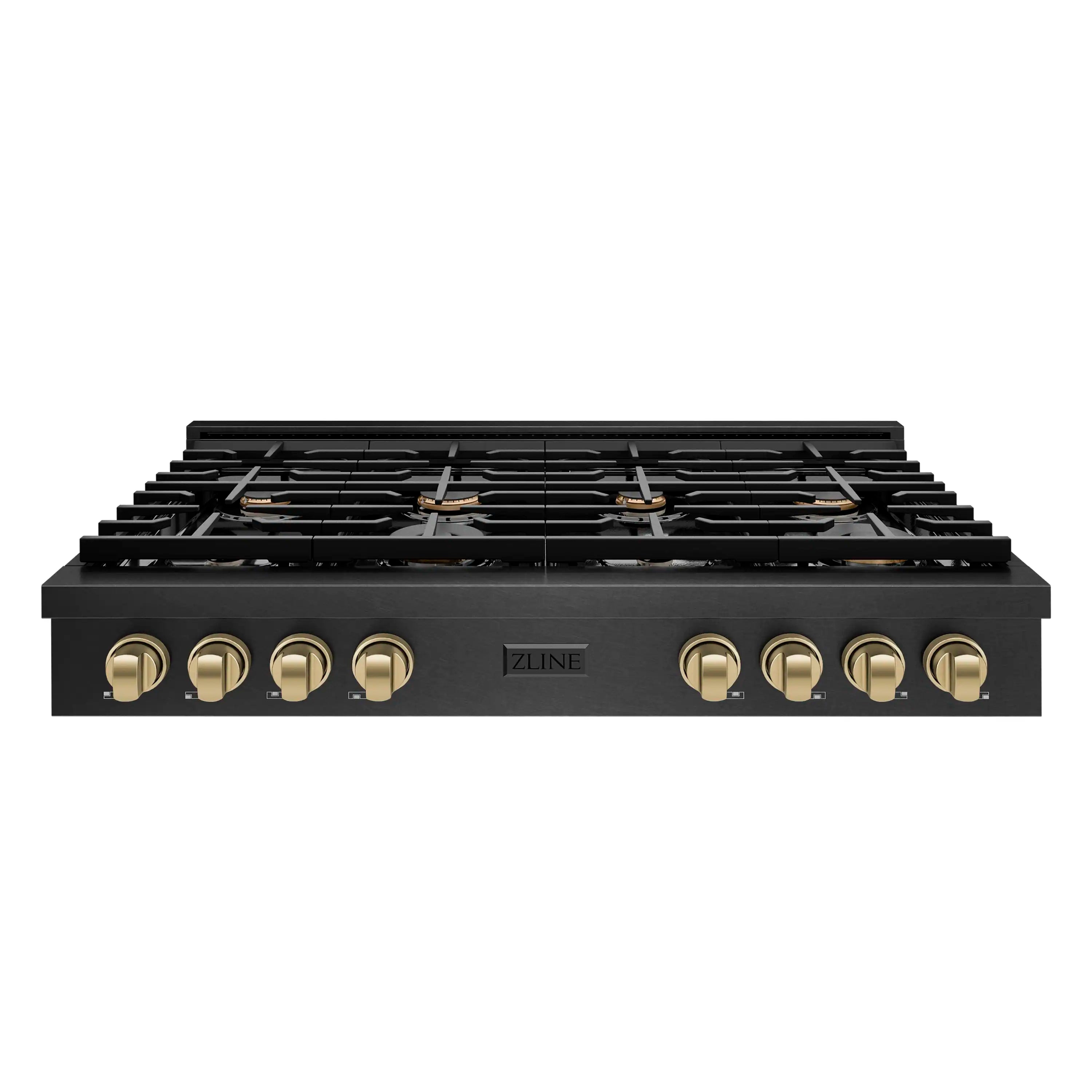 Black gas rangetop with eight burners and champagne control knobs