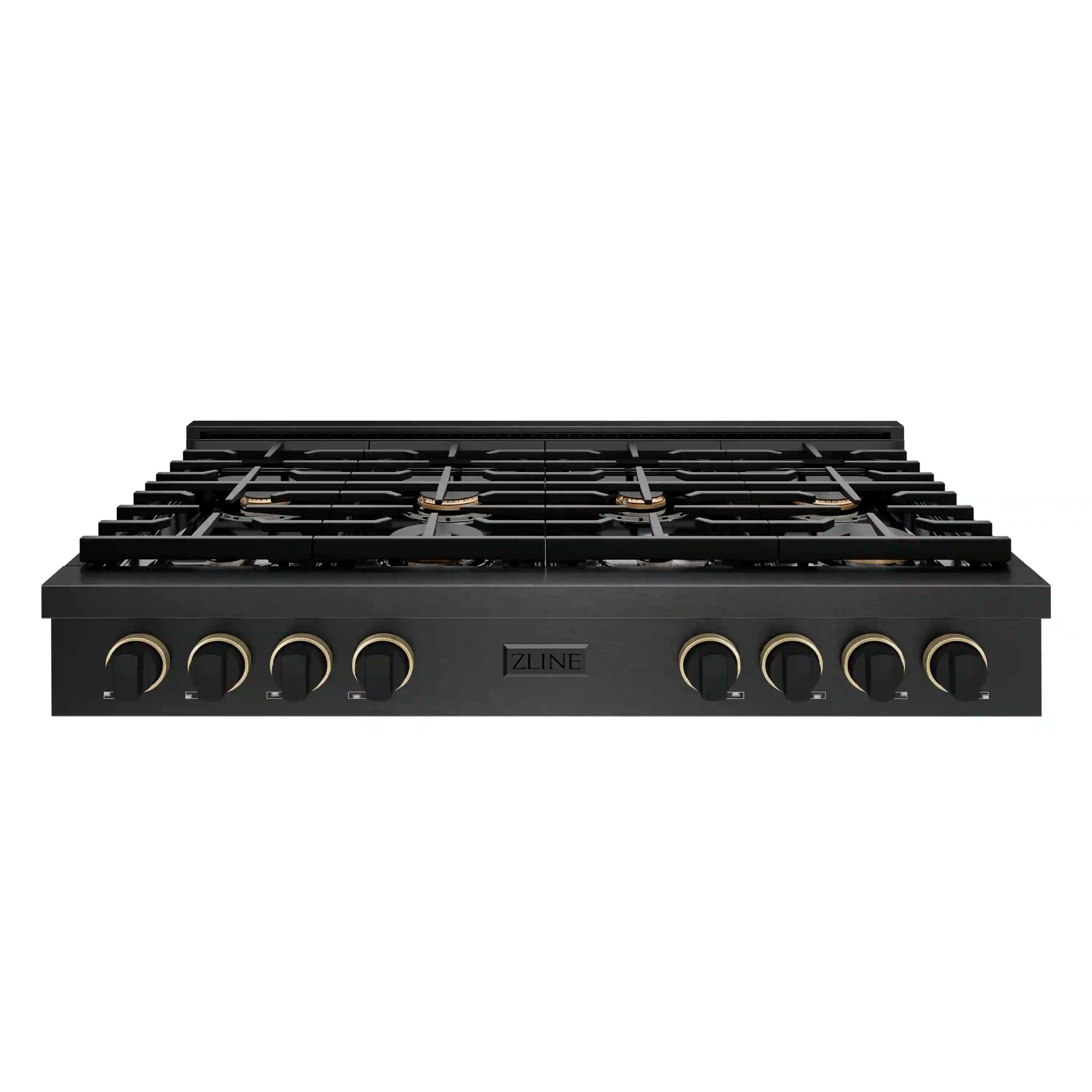 Black gas rangetop with multiple burners, grates, and matching control knobs