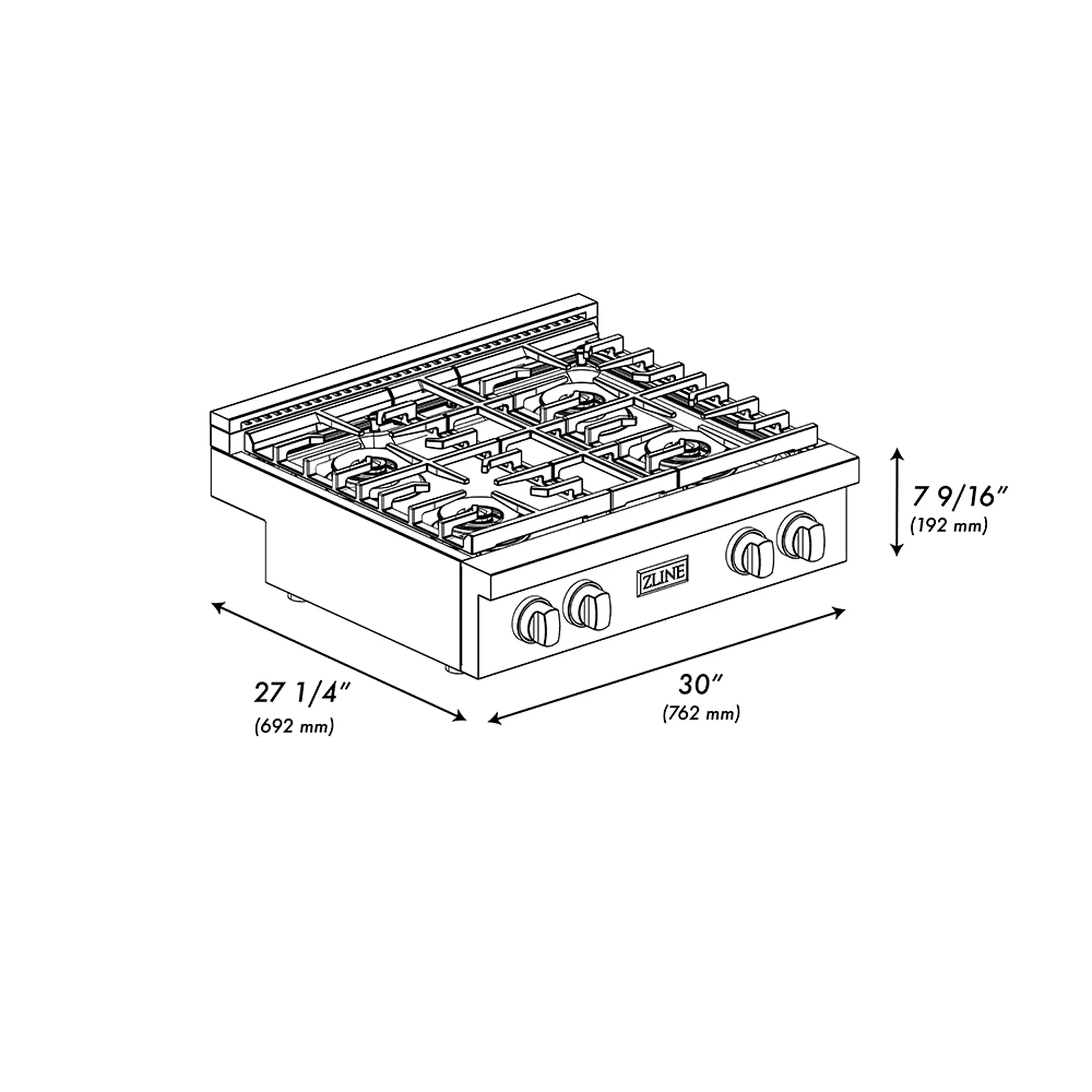 Black gas cooktop with four burners, grates, and front control knobs; size diagram