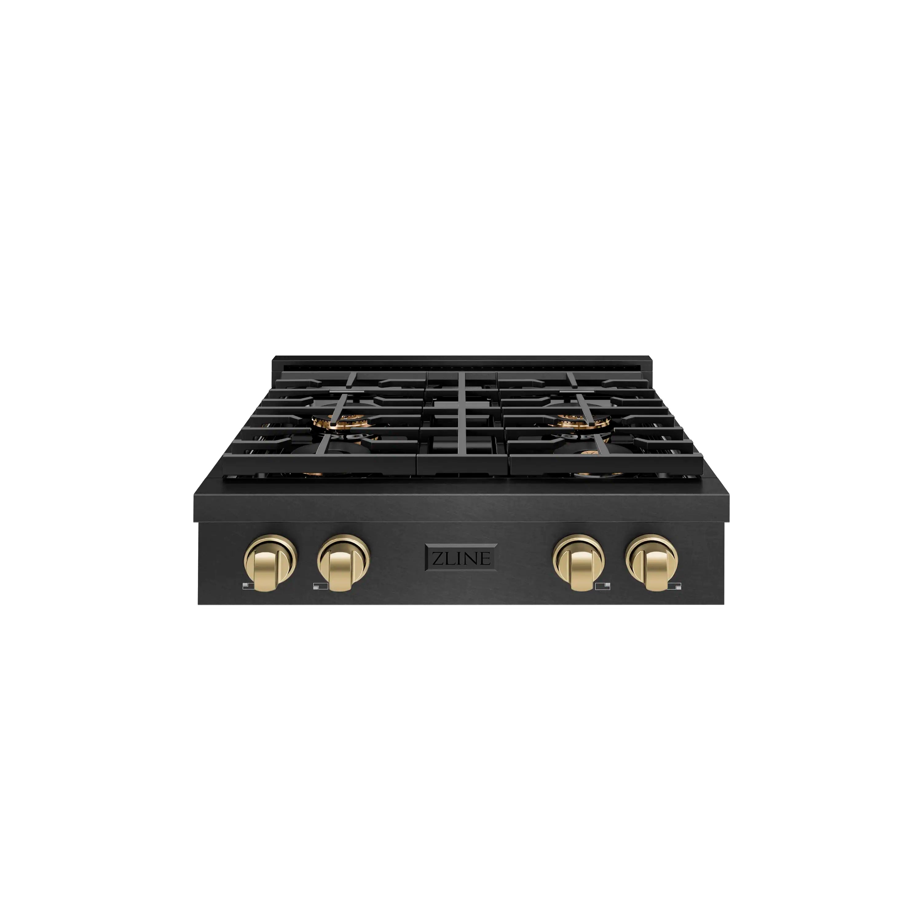 Black satin gas rangetop with four burners and champagne-bronze control knobs