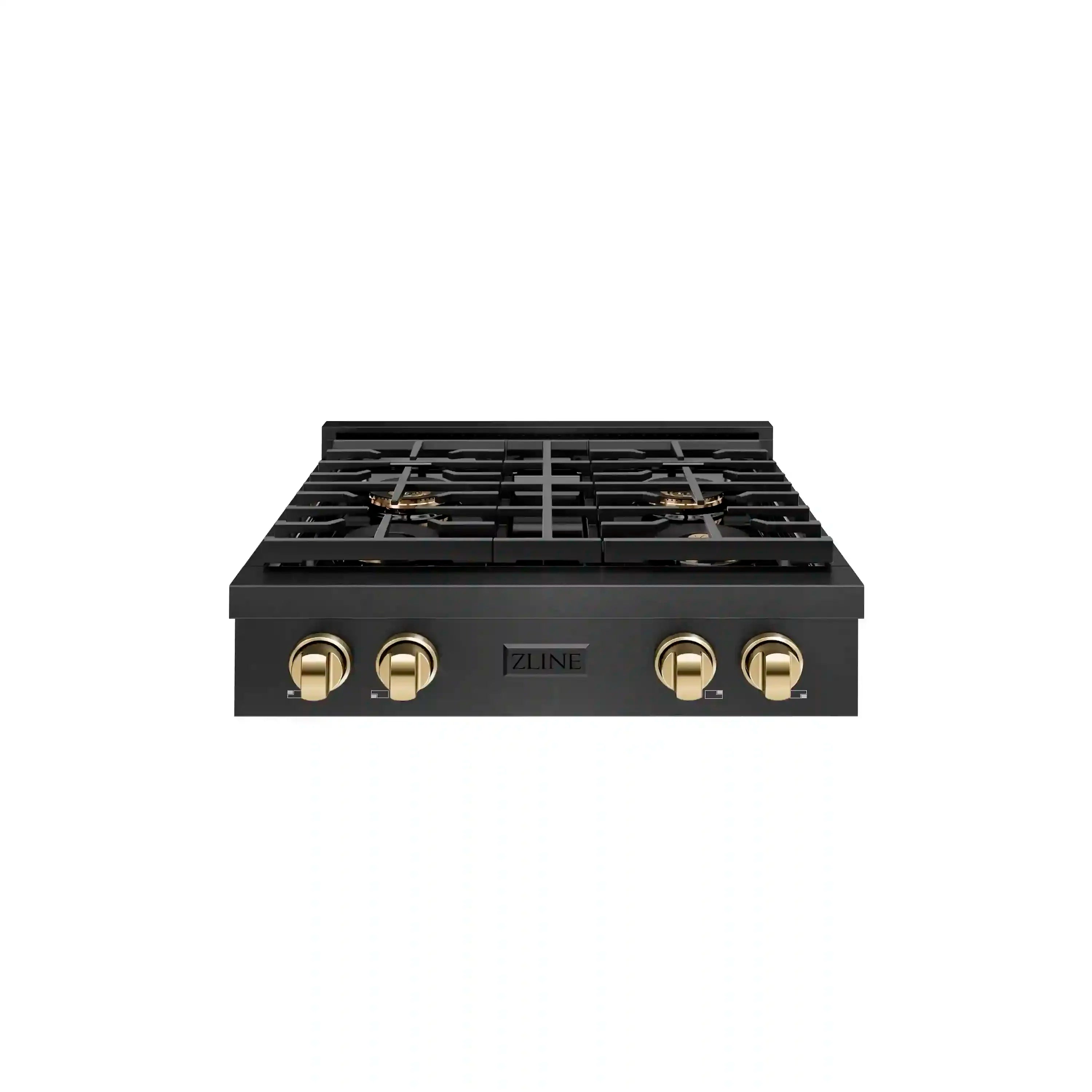 Black four-burner gas cooktop with gold control knobs and burner grates