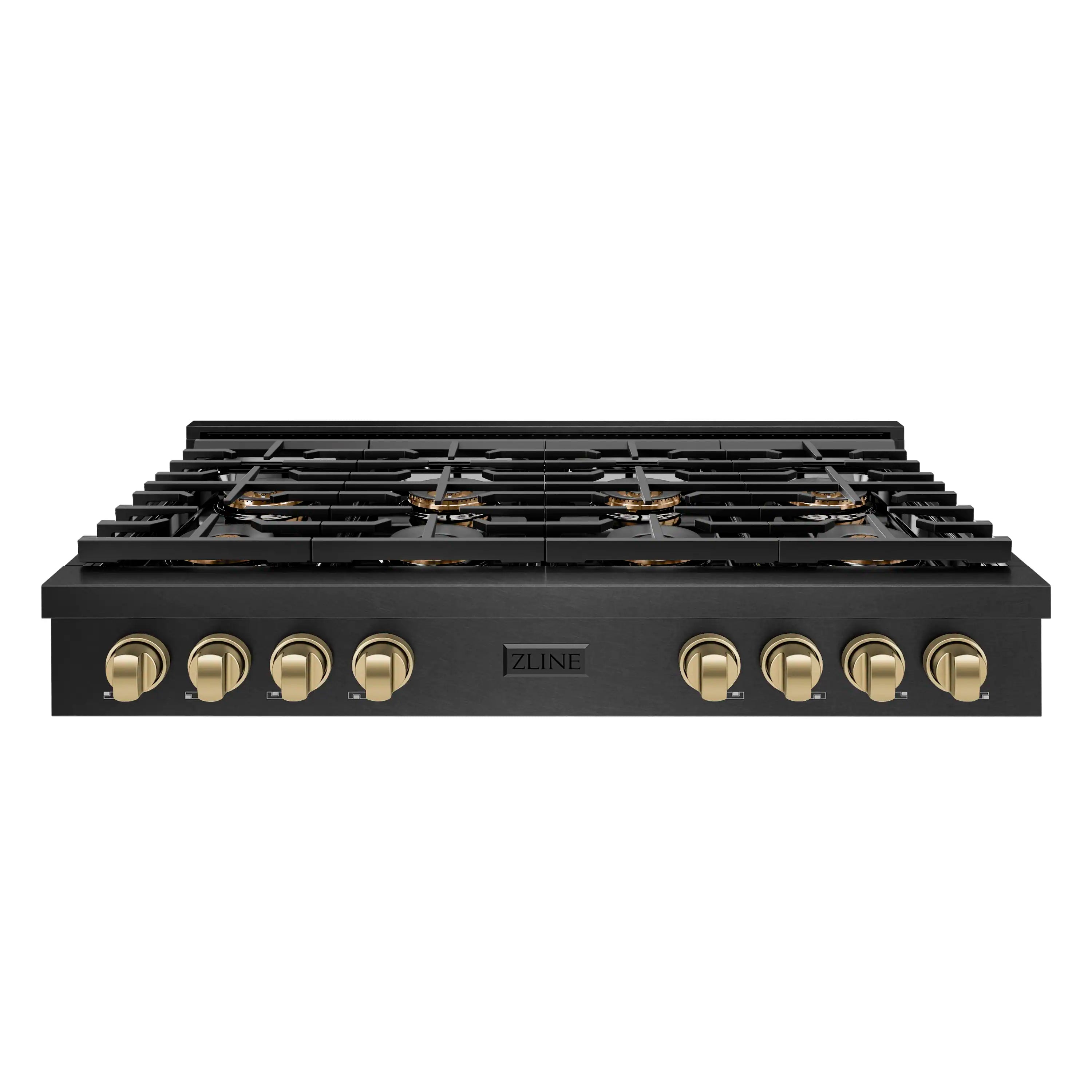 Black 8-burner gas rangetop with champagne control knobs, front profile view