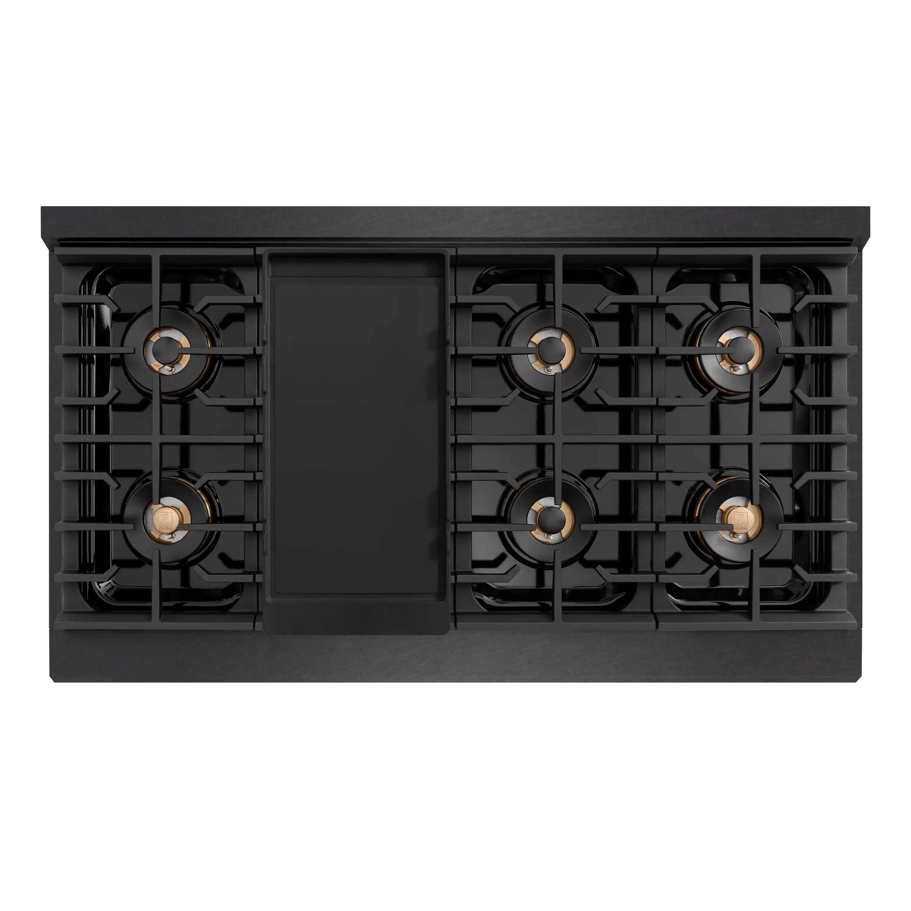 Top view of black gas cooktop with two side burner zones and central panel
