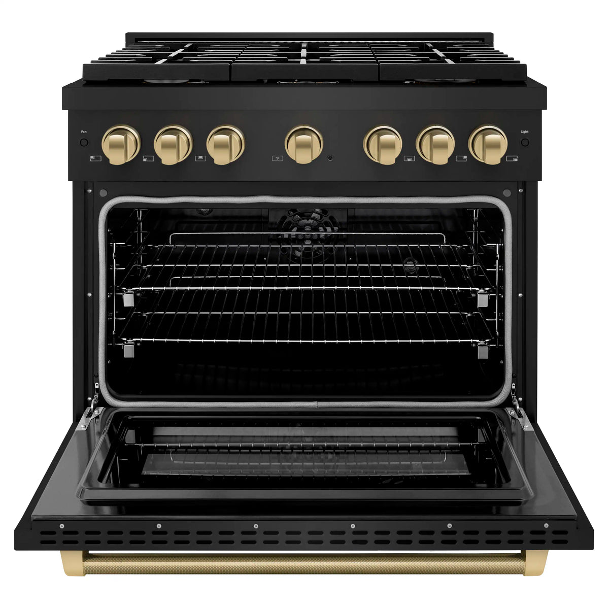 Open oven door showing black interior racks and heating elements