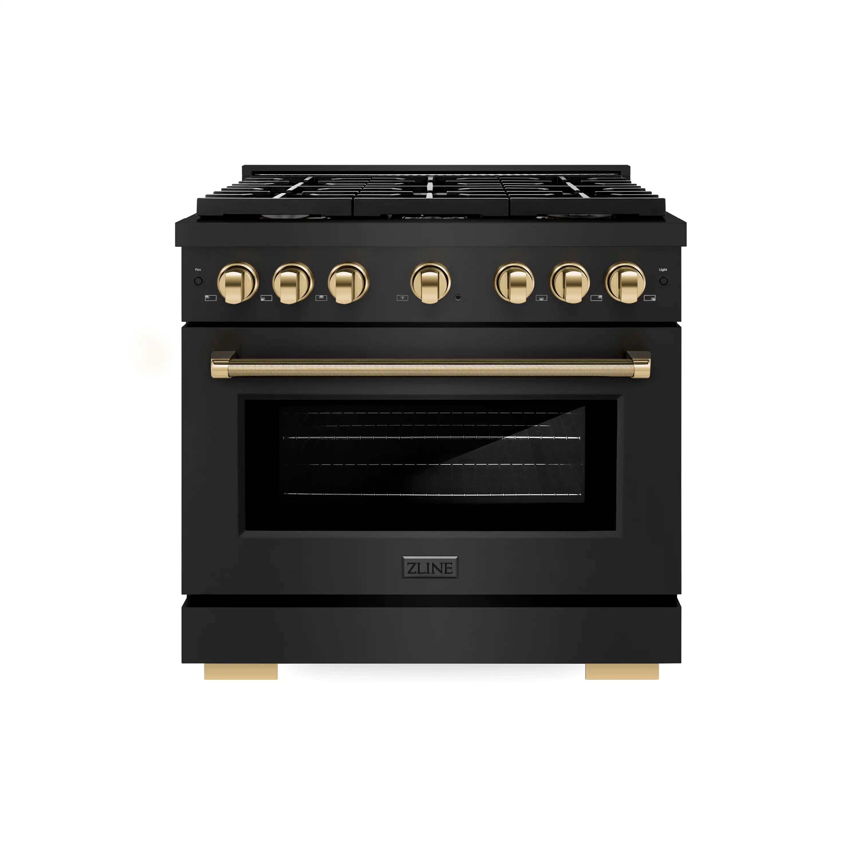 Dual fuel range front in dark finish with gold knobs and oven window