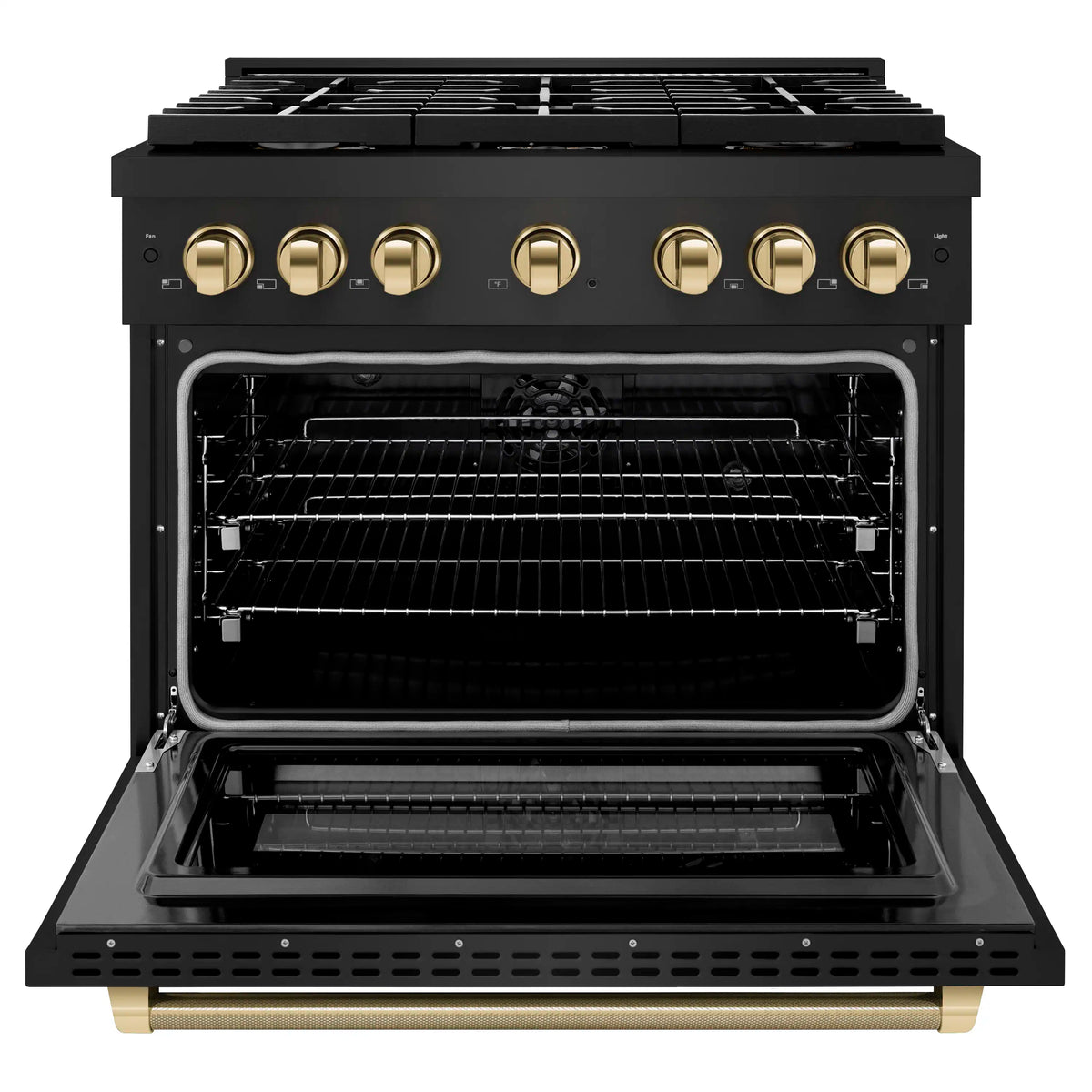 Dual fuel range oven door open showing interior racks and gold control accents