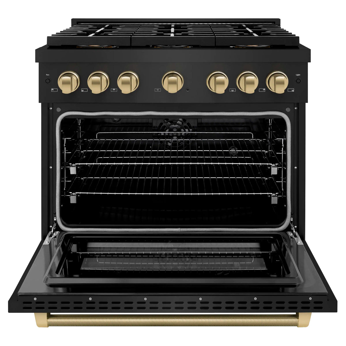 Dual fuel range with open oven and champagne gold control knobs