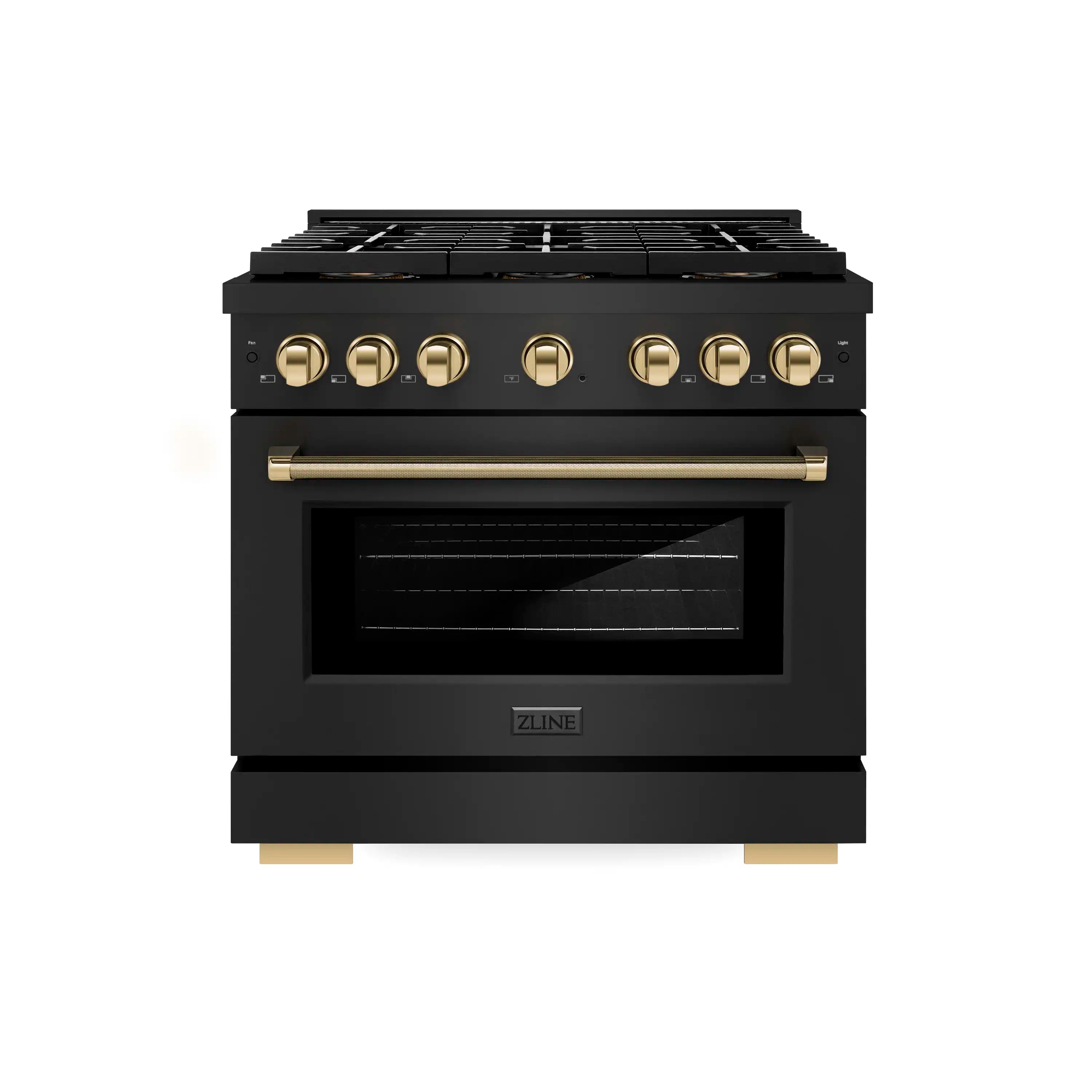 Black range with gold knobs and gold handle, featuring a large oven viewing window